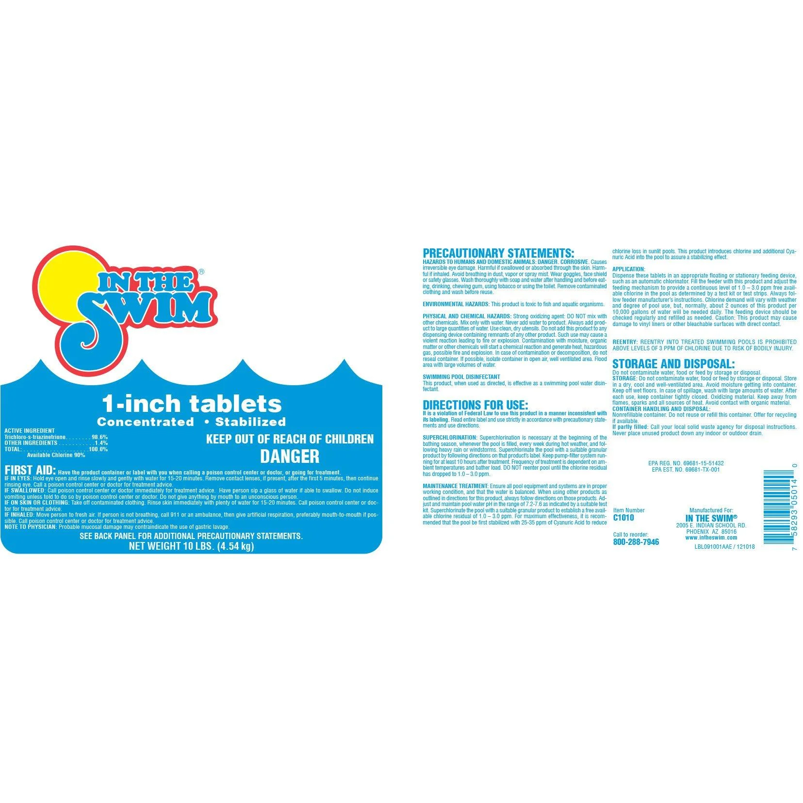 In The Swim 1 Inch Stabilized Chlorine Tablets for Sanitizing Swimming Pools - Fast Dissolving - 90% Available Chlorine - Tri-Chlor - 50 Pounds U001050050AE