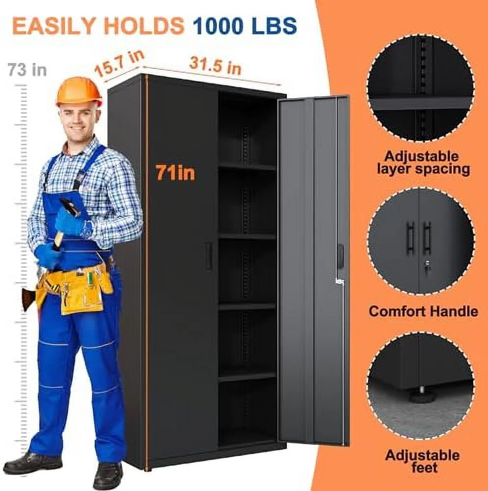 YPDCHB Metal Garage  Cabinet 71" Office Filing Cabinet with Door and Lock Tall Large Utility Steel Cabinet with 4 Adjustable Metal Shelves Black for Garage/Kitchen/Pantry Organizer