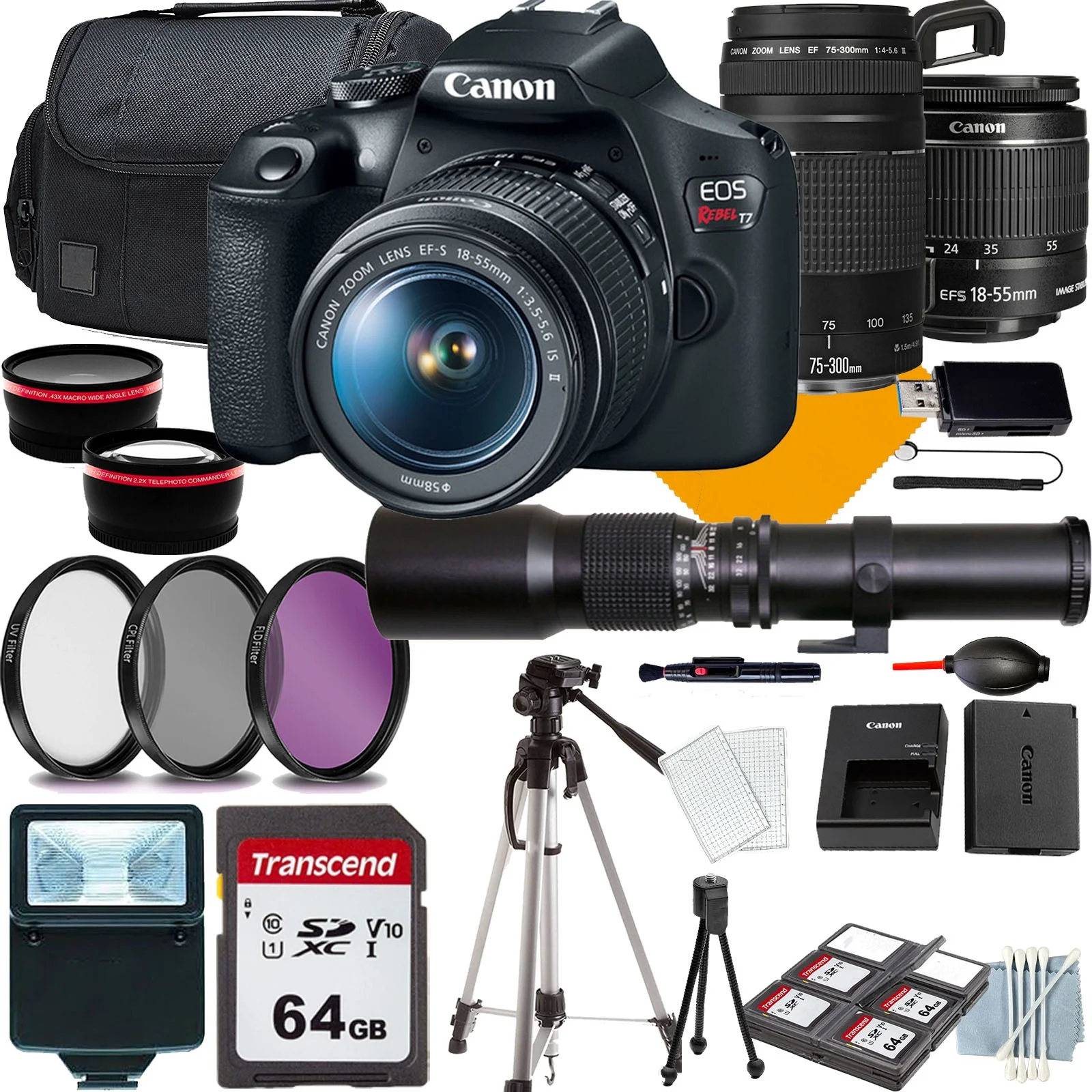 Canon EOS Rebel T7 DSLR Camera with 18-55mm+Canon EF 75-300mm f/4-5.6 III Lens+500mm f/8.0 Telephoto Lens for T-mount+COMMANDER Starter Kit+Lens Filters+CASE+64Memory Card(18PC)