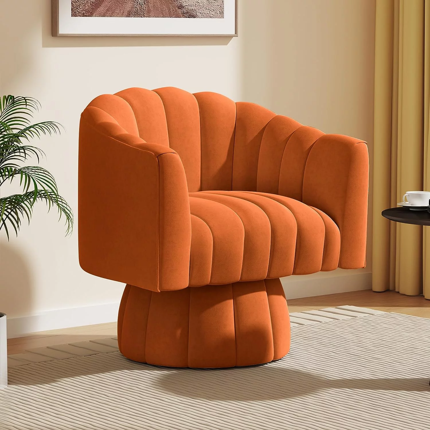 Mid Century 360 Degree Swivel Cuddle Barrel Accent Sofa Chairs, Round Armchairs with Wide Upholstered, Fluffy Velvet Fabric Chair for Living Room, Bedroom, Office, Waiting Rooms, (Orange)