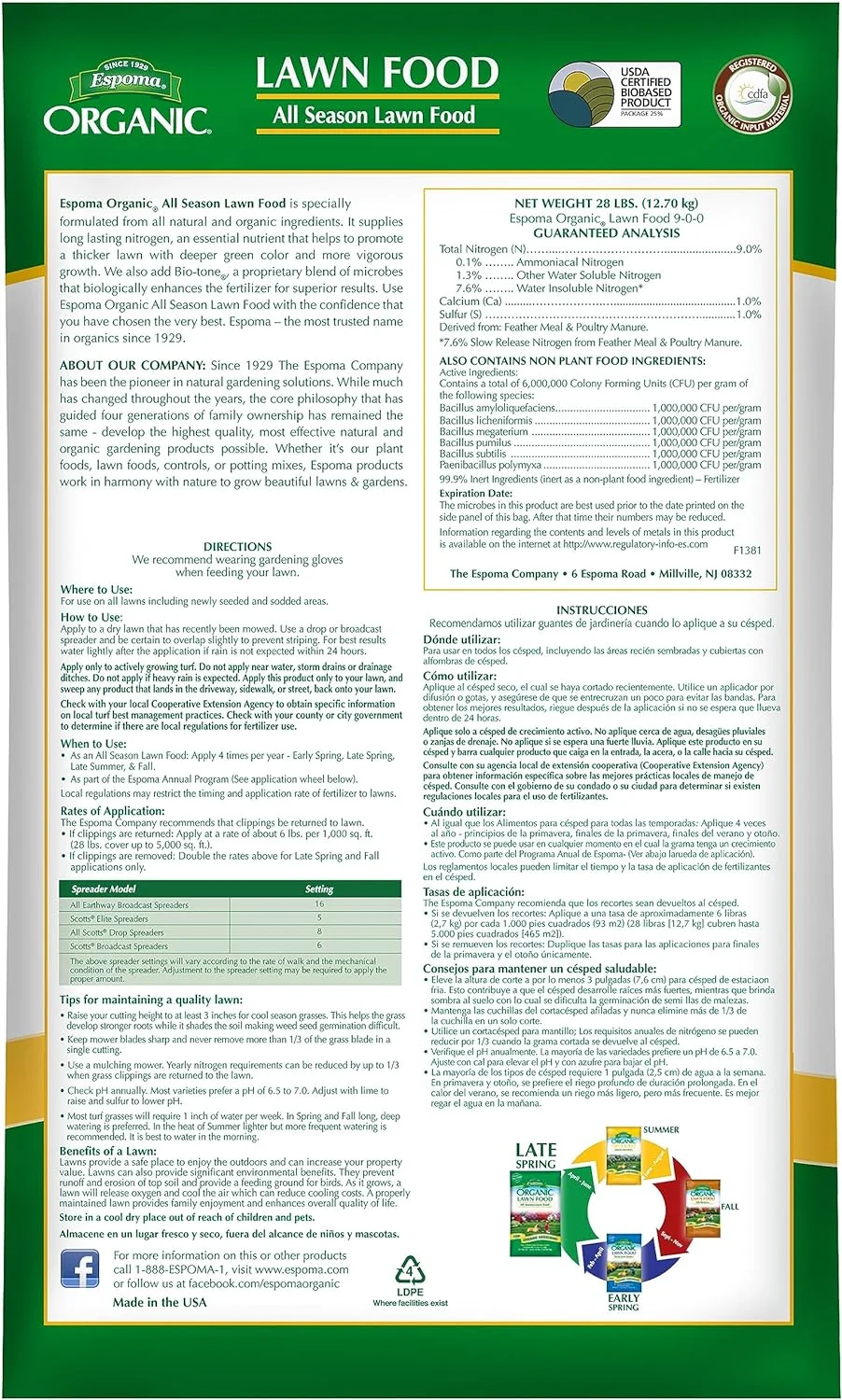 Espoma Organic All Season Lawn Food 9-0-0 Natural & Organic Lawn Food; Fertilizer for All Lawns; Long Lasting Organic Nitrogen for a Greener Lawn. 28 lb. Bag Covers up to 5,000 Sq. Ft.