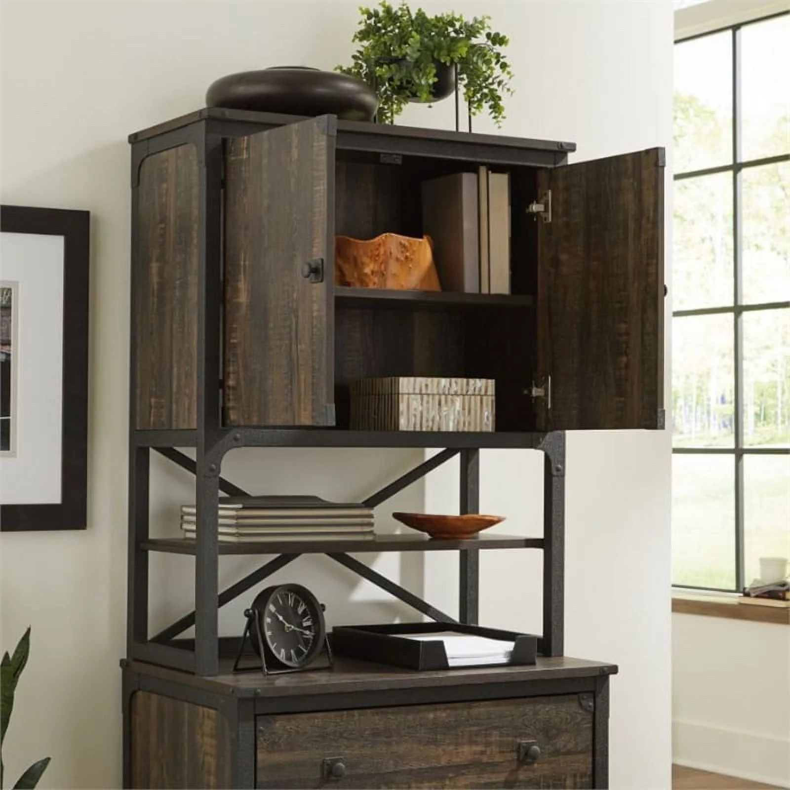 Home Square 2-Piece Set with Lateral File and Library Hutch in Carbon Oak
