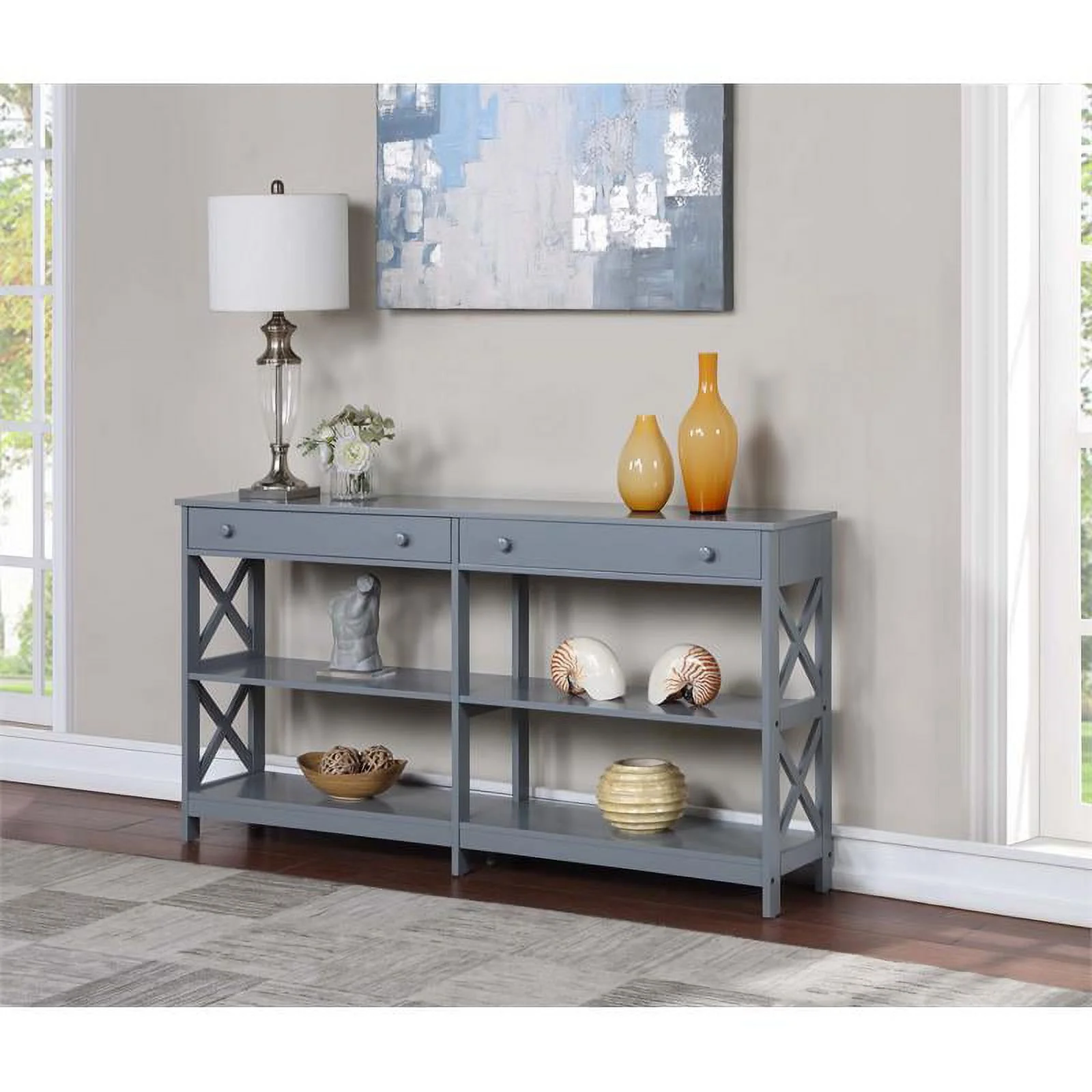 Pemberly Row Two-Drawer 60-inch Console Table with Shelves in Gray Wood Finish