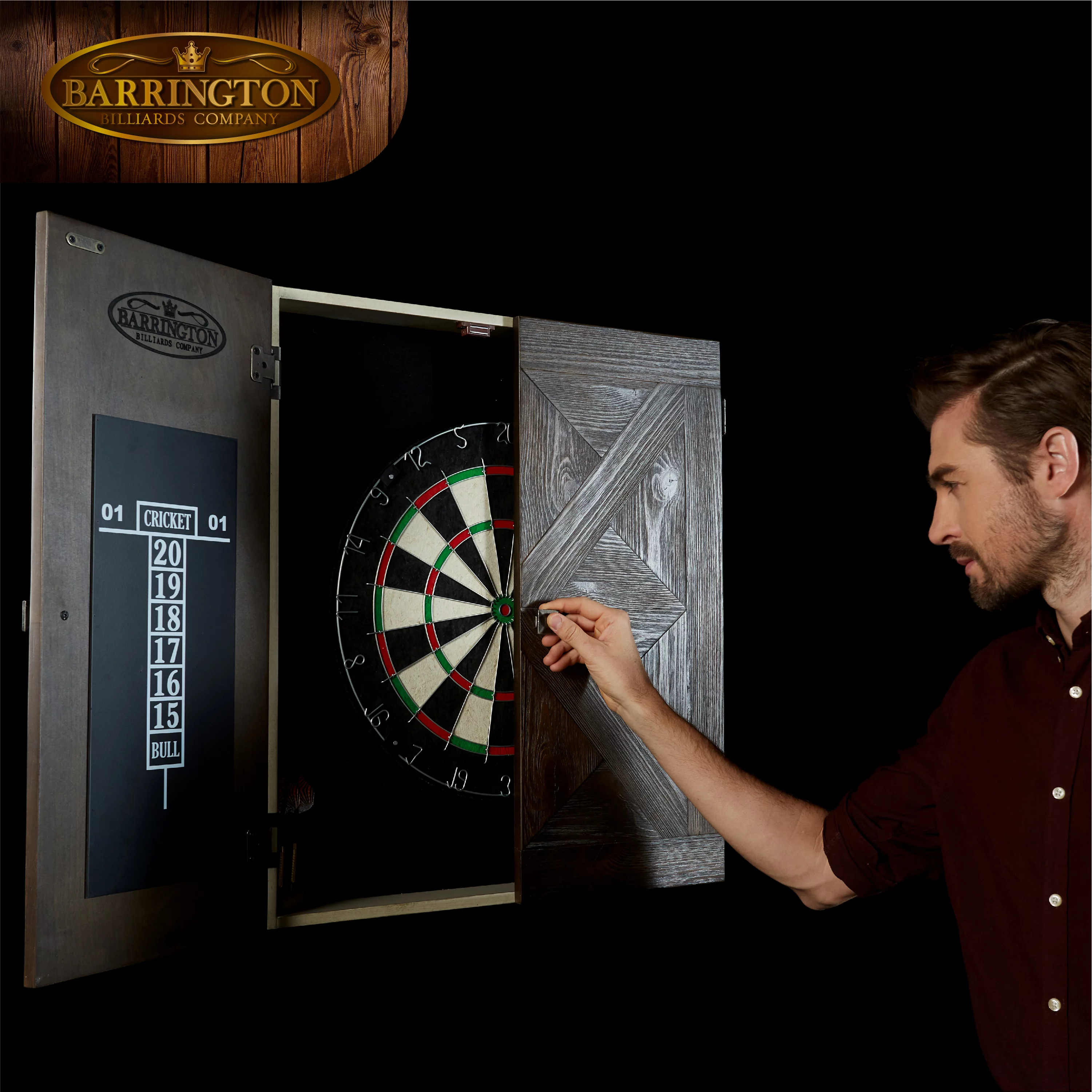 Barrington Billiards Bellevue Wood Dartboard Cabinet With 18” Bristle Dartboard and Steel Tip Dart Set