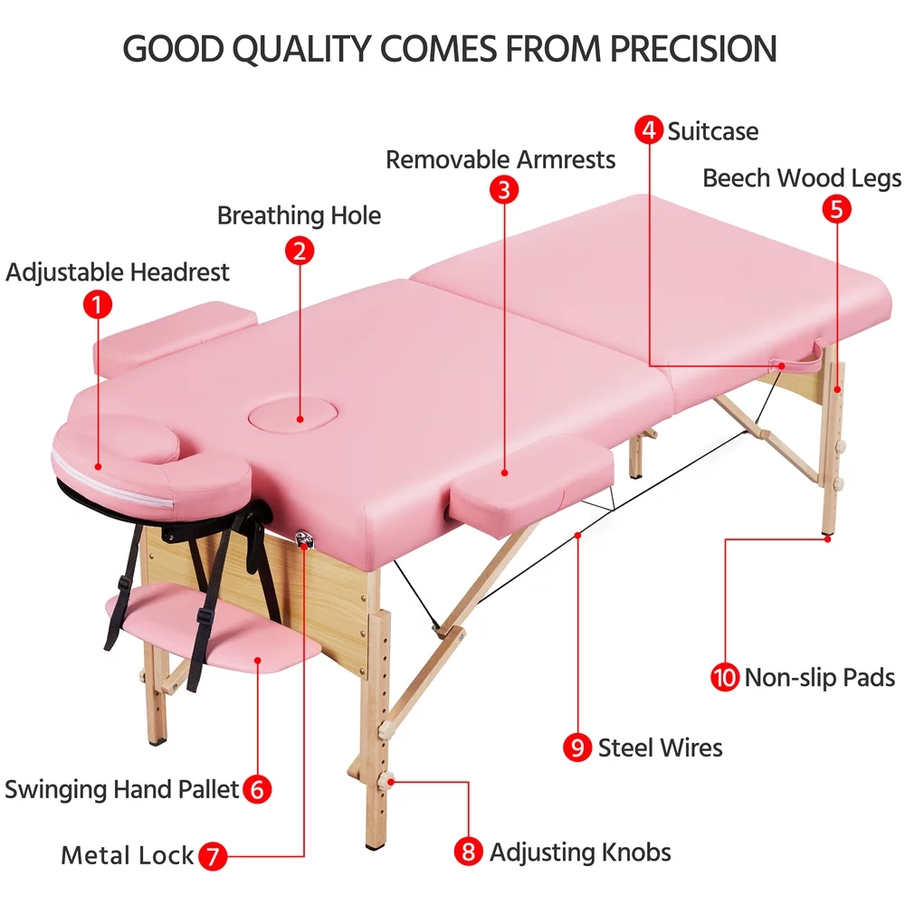 Easyfashion 2 Sectional Adjustable Folding Massage Table, Maximum Weight Capacity 220 lb,Pink