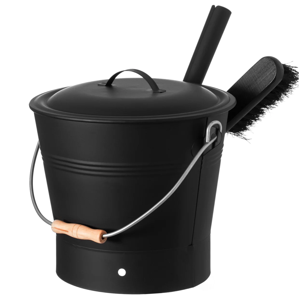 Black Iron Ash Bucket with Lid and Wood Handle Brush Use for Fire Pit, Wood Burning Stove and Grill