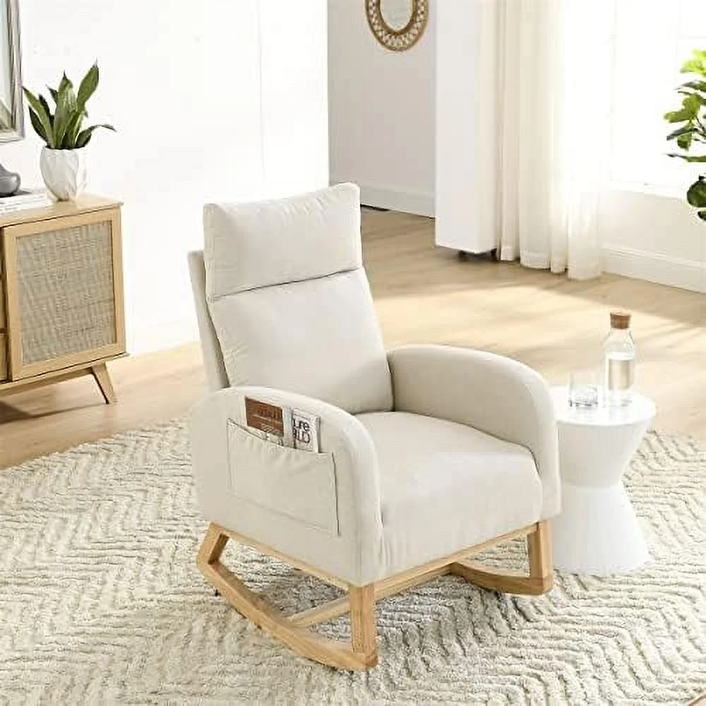 SJOINGB Fabric Rocking Chair Nursery Chair Modern Upholstered High Back Glider Rocking Armchair Comfy Rocker with Padded Seat and Wood Base Two Side Pocket Accent Chair for Living Room Be