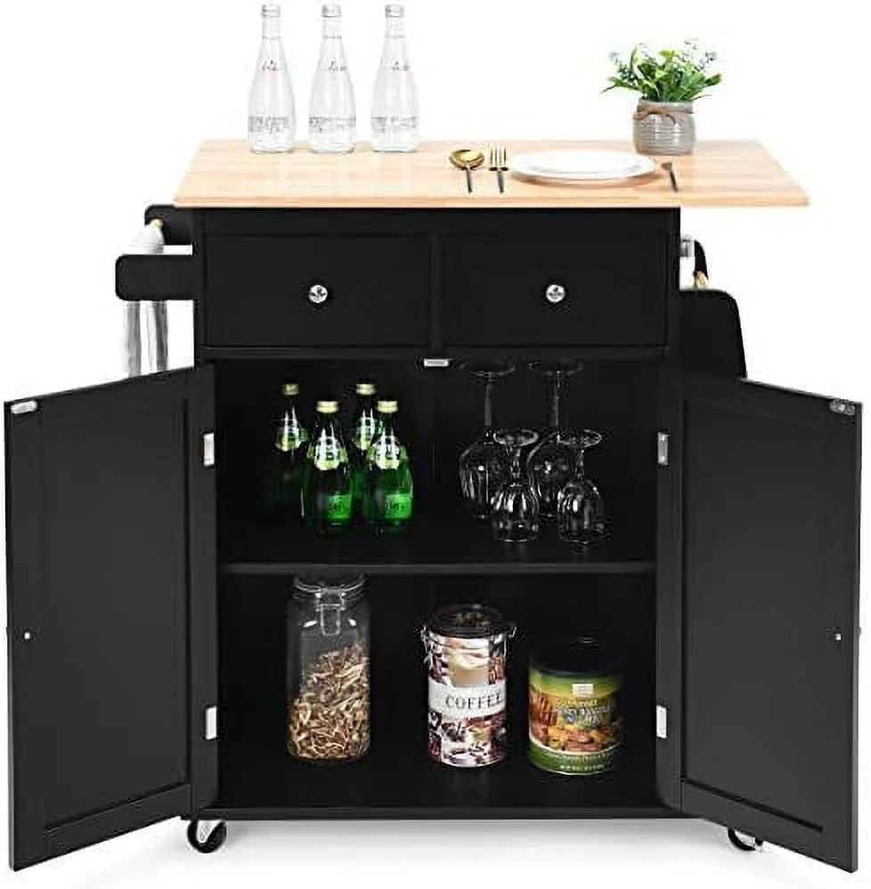 JDZHAPPYLIFE Kitchen Island Cart  Rolling Wood Trolley with  Cabinet  Towel Handle  2 Drawers  Side Spice Rack and Wine Bottle Rack  Kitchen Cart on Wheels  Rubber Wood Countertop (Black)