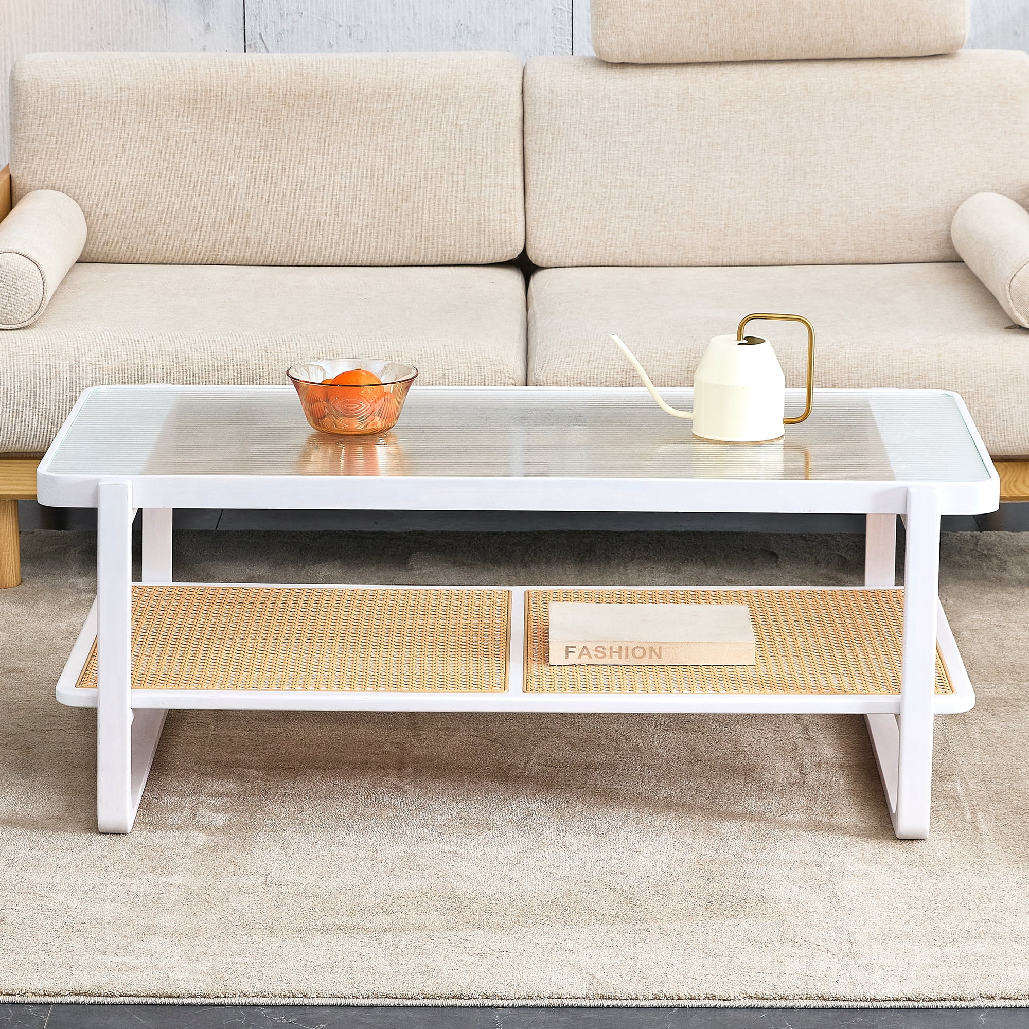 Ufurpie Rattan Coffee Table with Tempered Glass Top,Rectangle Wood Coffee Table for Living Room,Glass Top Coffee Table with Imitation Rattan Storage Shelf,White