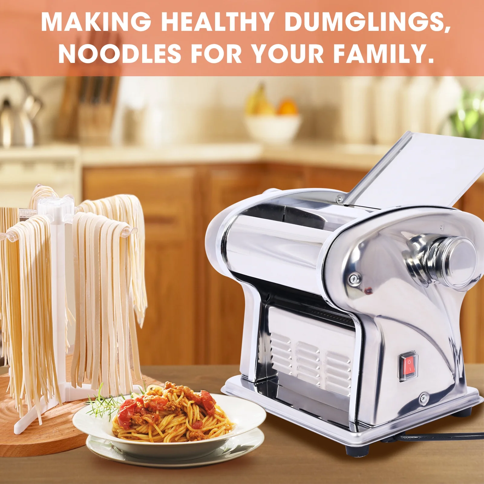 Pasta Maker Machine - Noodle Maker with 2 Blades (1.5mm Round Noodle & 4mm Flat Noodle), Dough Roller Cutter, Adjustable Thickness Stainless Steel, US 110V 135W