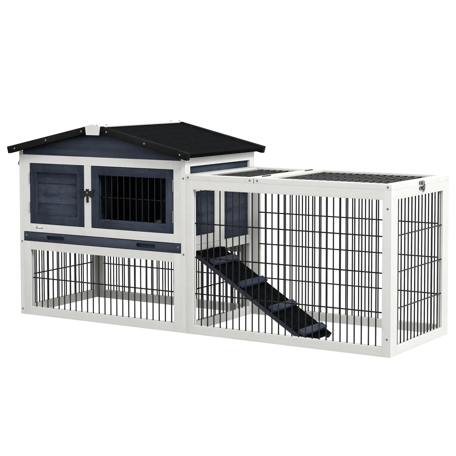 YLtoohoom PawHut 2 Levels Outdoor Rabbit Hutch with Openable Top  59” Wooden Large Rabbit Cage with Run Weatherproof Roof  Removable Tray  Ramp  Dark Gray