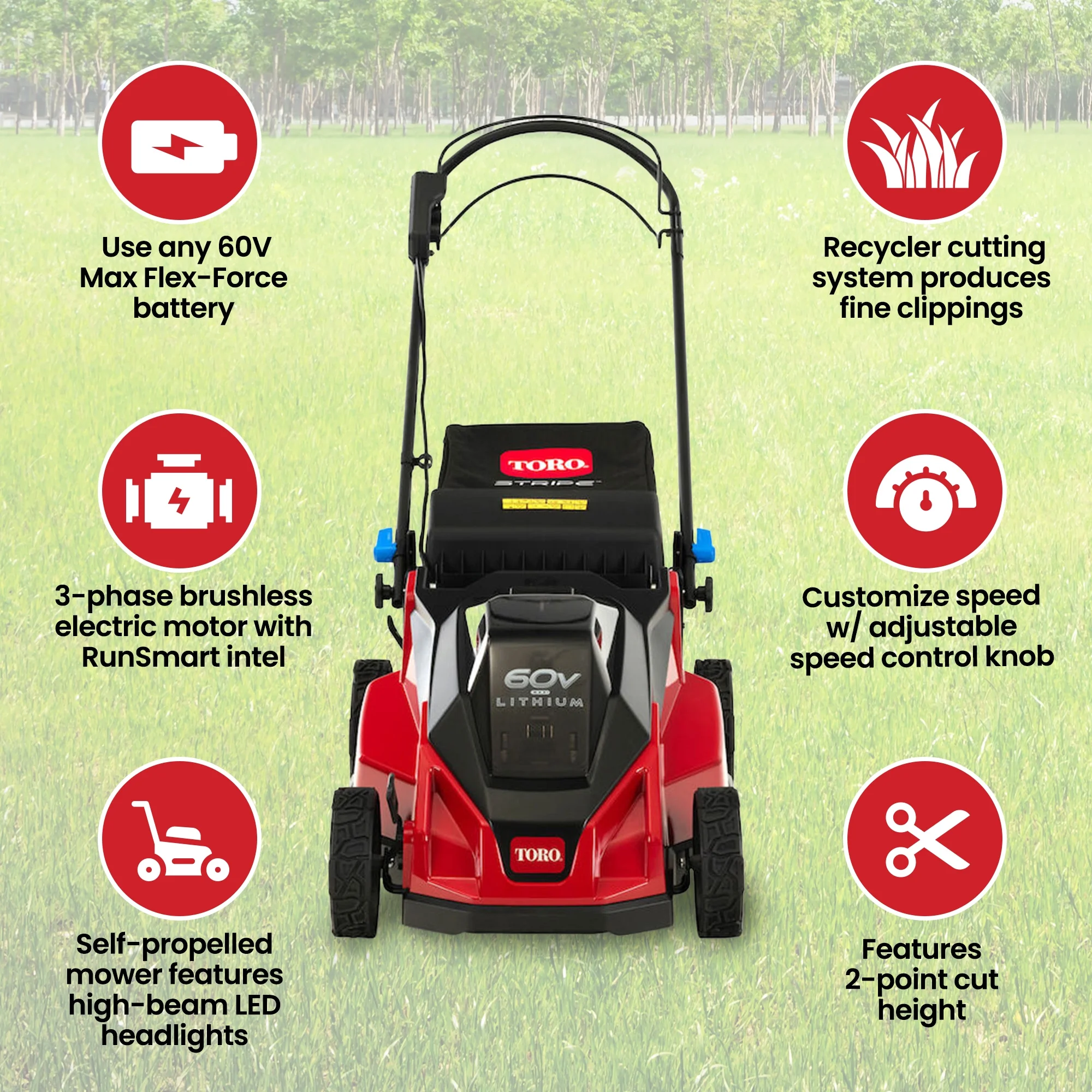 Toro Foldable 60-Volt 21-Inch Stripe Electric Self Propelled Mower w/Lights