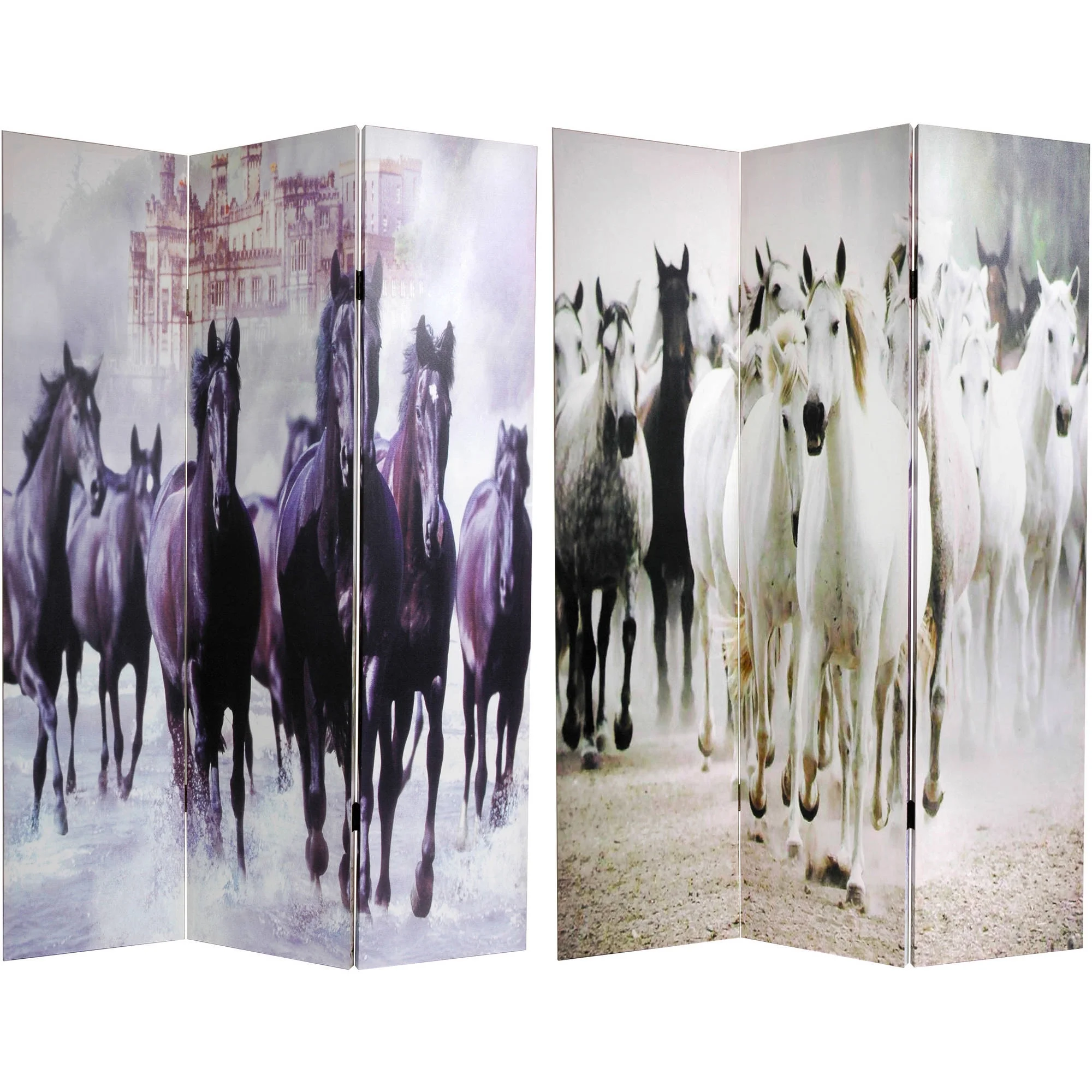 Oriental Furniture 6 ft. Tall Double Sided Horses Canvas Room Divider - 3 Panel