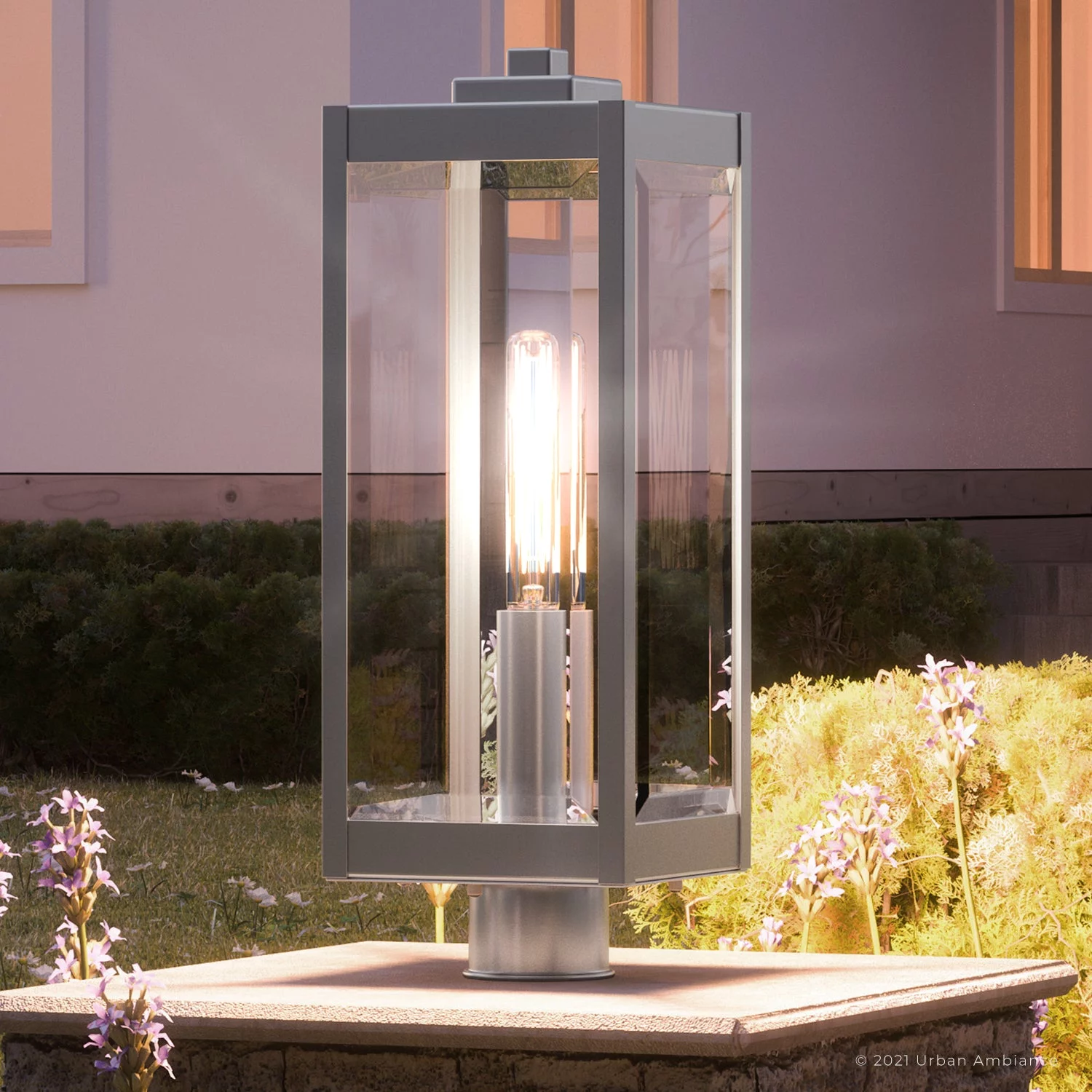 Luxury Modern Farmhouse Outdoor Post Light, 20.50''H x 7.00''W, with Industrial Style Elements, Minimalist Design, Stainless Steel Finish and Clear Beveled Glass, UQL1363