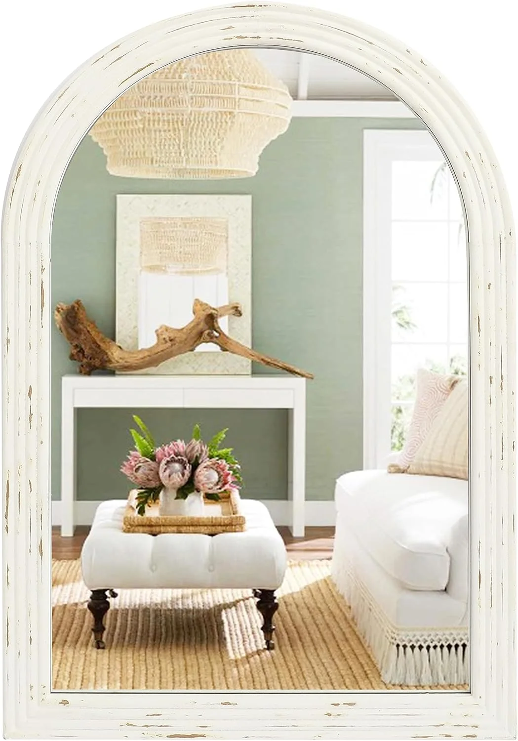 Farmhouse Arched Wall Mirror, White Distressed Wood Mirror, Decorative Mirror for Bathroom Living Room Bedroom Entryway, 20''×30''
