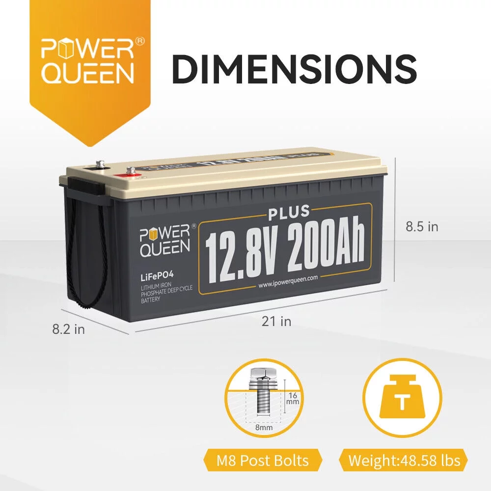 Power Queen 12V 200Ah Plus LiFePO4 Lithium Battery 200A BMS For Marine Camper