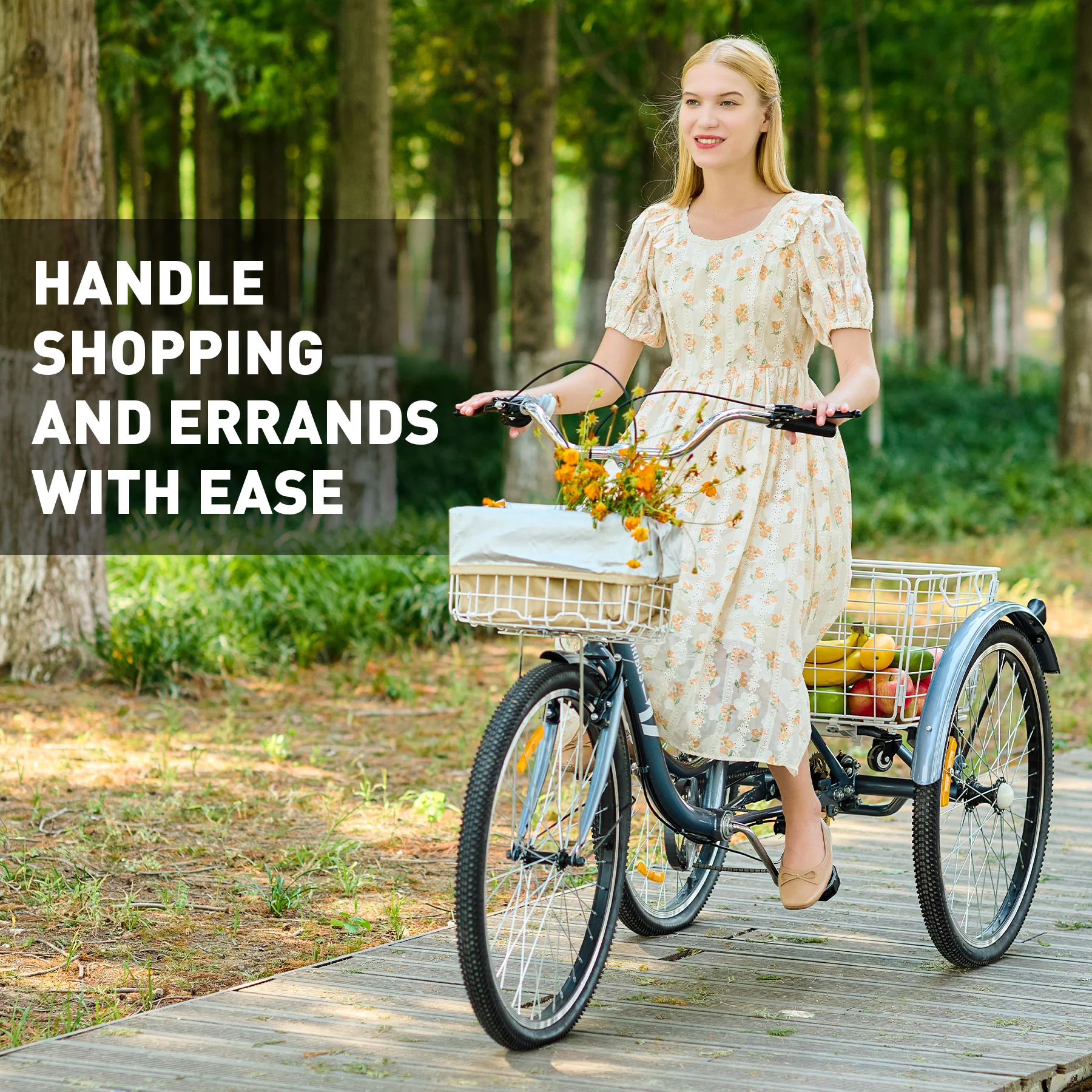 VIRIBUS 24 Inch Adult Exercise Trike 7 Speed with Front Rear Basket Matte Gray