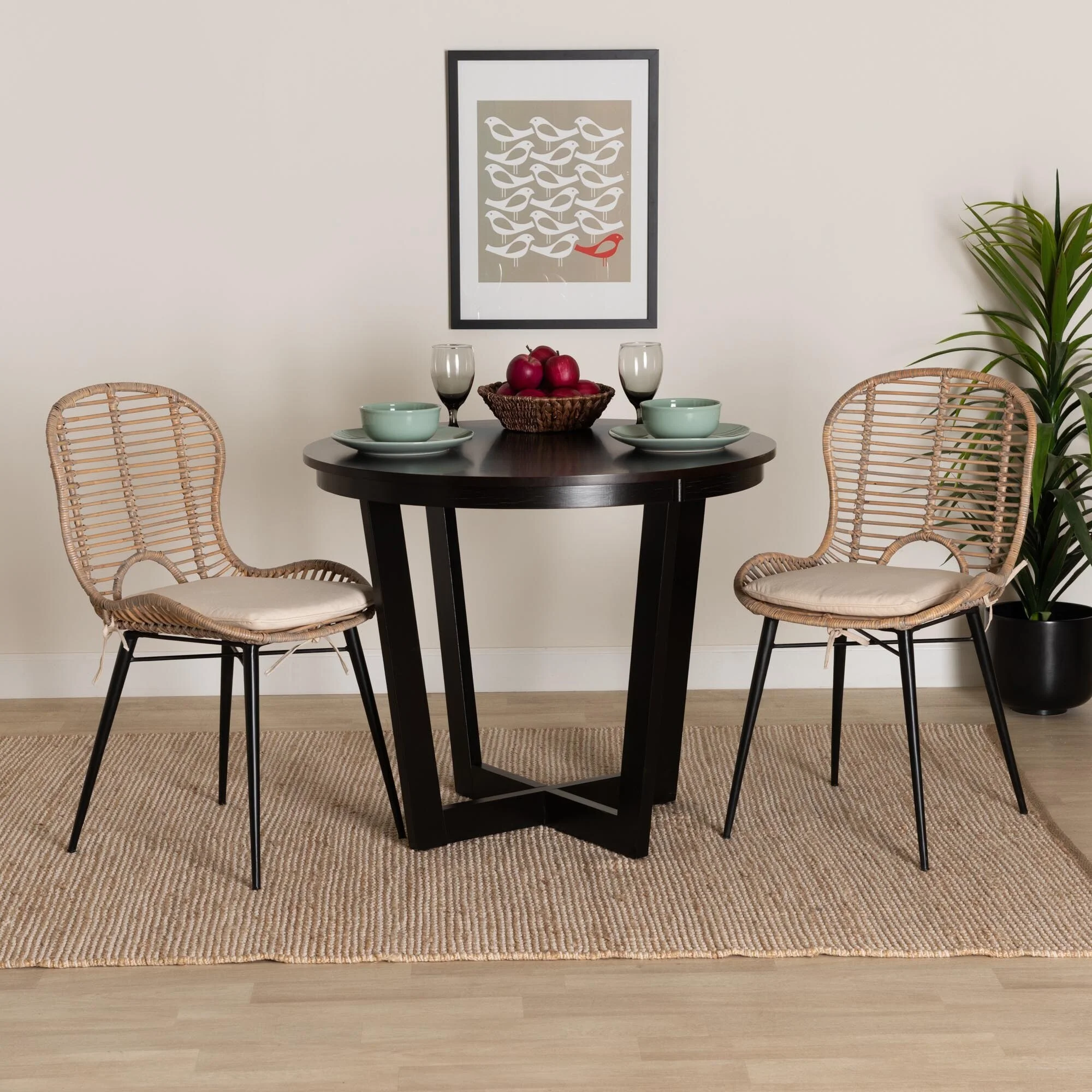 bali & pari Brenna Modern Bohemian Rattan and Metal 2-Piece Dining Chair Set Black