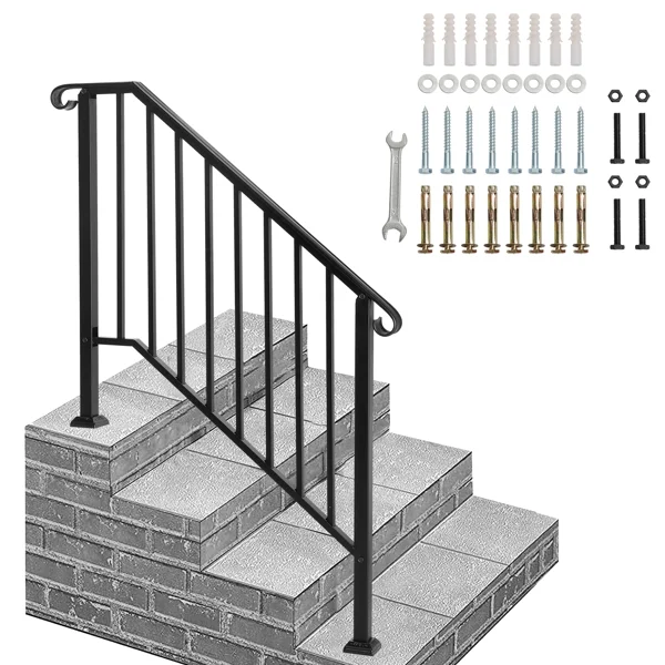 Handrails for Outdoor Steps, Iron Handrail Fits 3 Step, Transitional Handrail with Installation Kit, Black