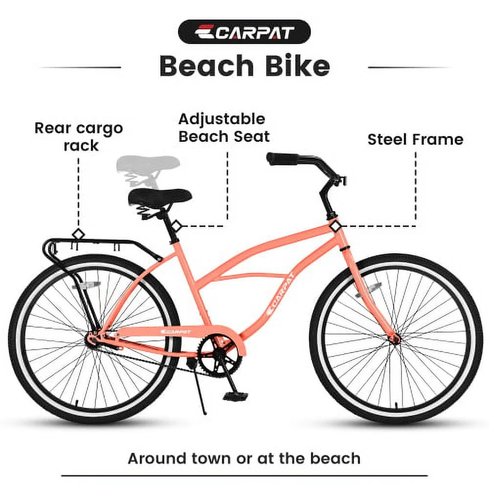 26 Inch Beach Cruiser Bike for Men and Women, Steel Frame, Single Speed Drivetrain, Upright Comfortable Rides, Multiple Colors
