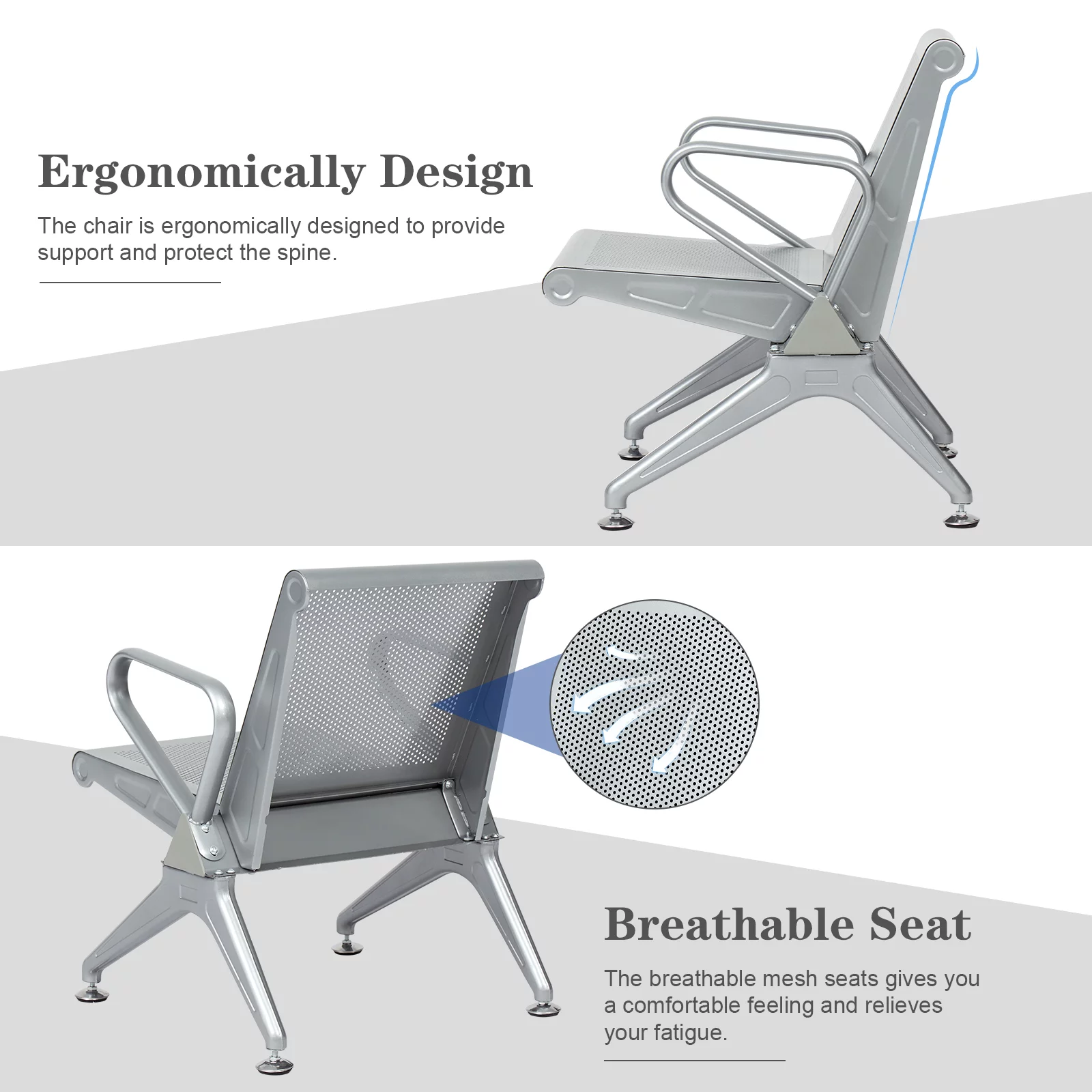 Kinbor 2pcs Office Guest Reception, Steel Frame Waiting Chair Bench for Airport, Silver