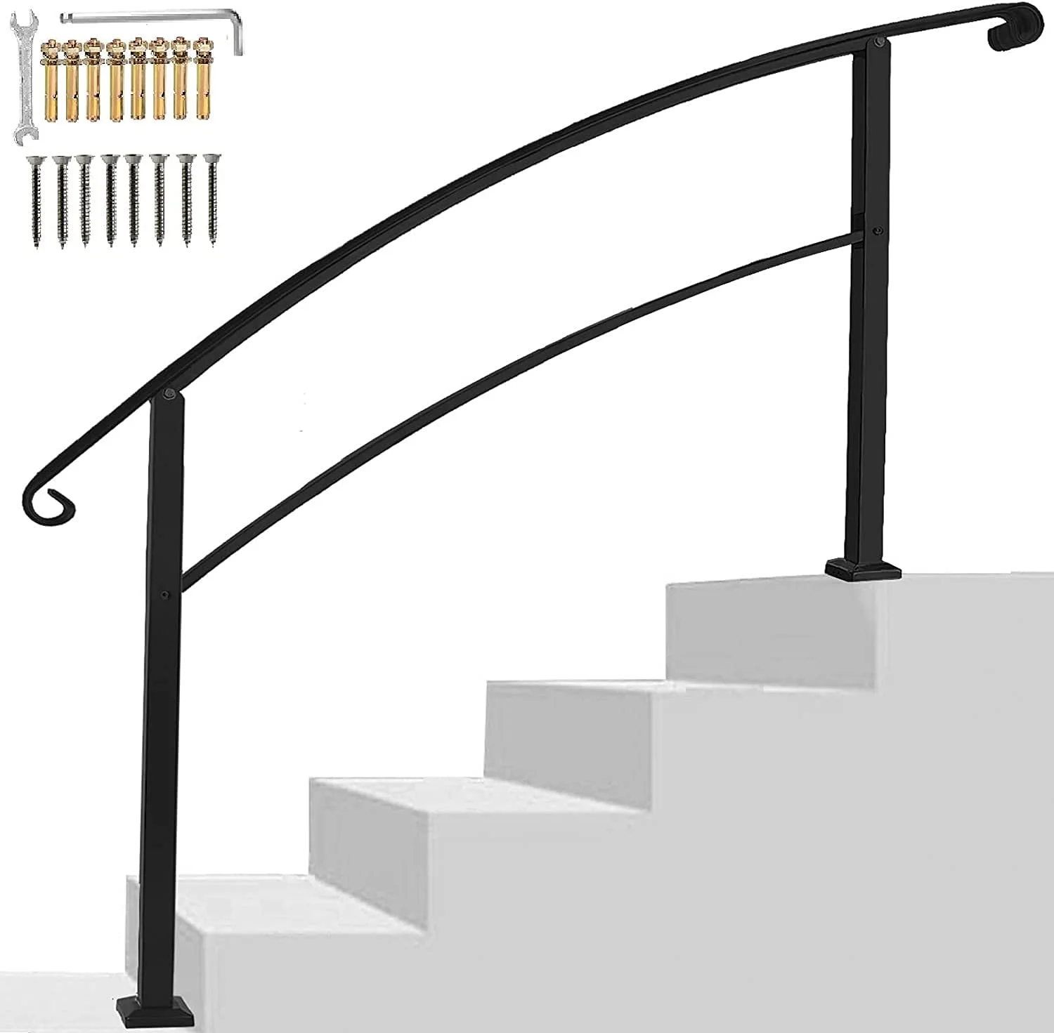OUWI Transitional Handrail 5-Step Handrail Fits 1 or 5 Steps Black Stair Rail Wrought Iron Handrail with Installation Kit Hand Rails for Indoor Outdoor Steps (5 Feet, Black)