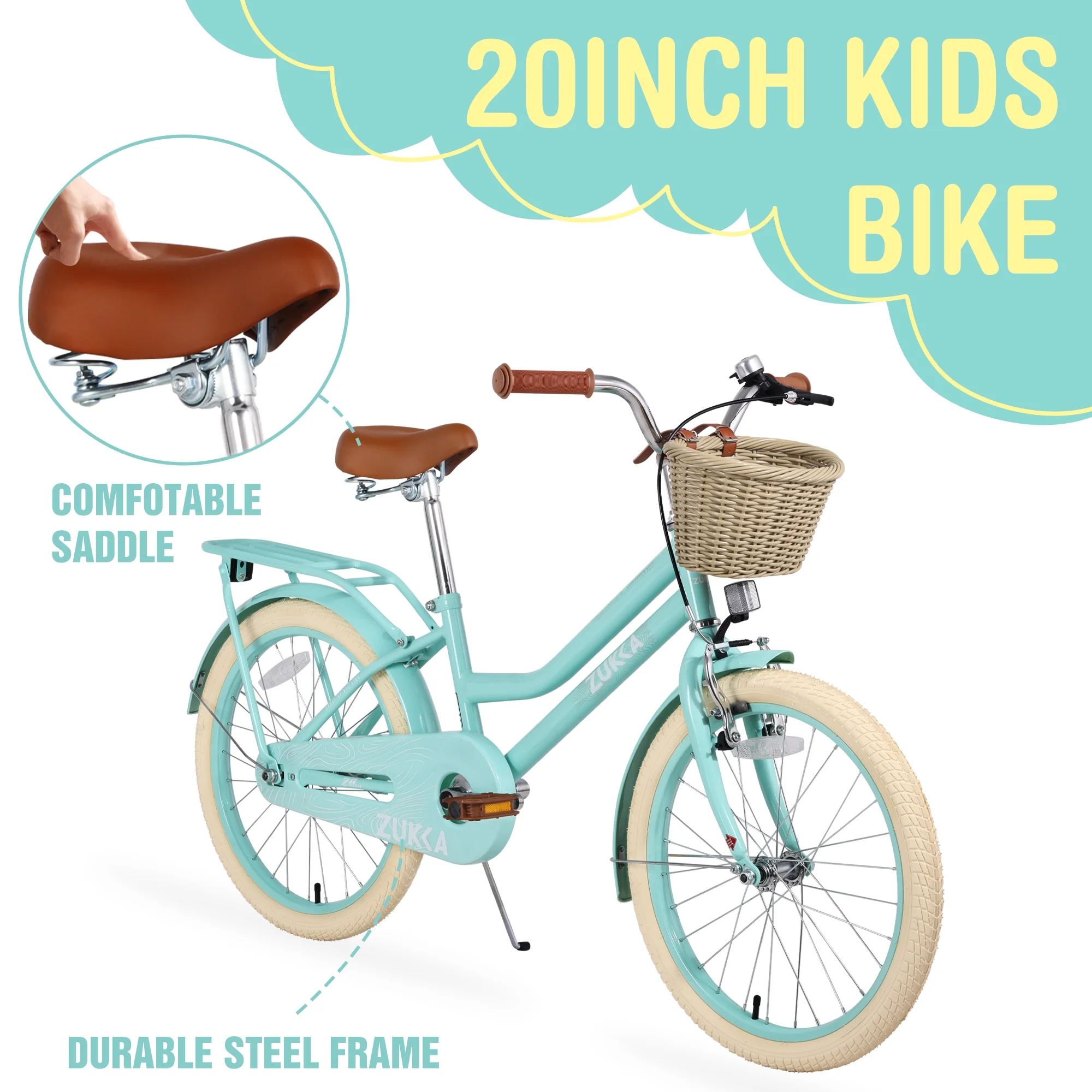 20inch Girls Bike with Basket, Single Speed, Rear Cargo Rack for 7-10 Years Old Kids Bike, Mint Green