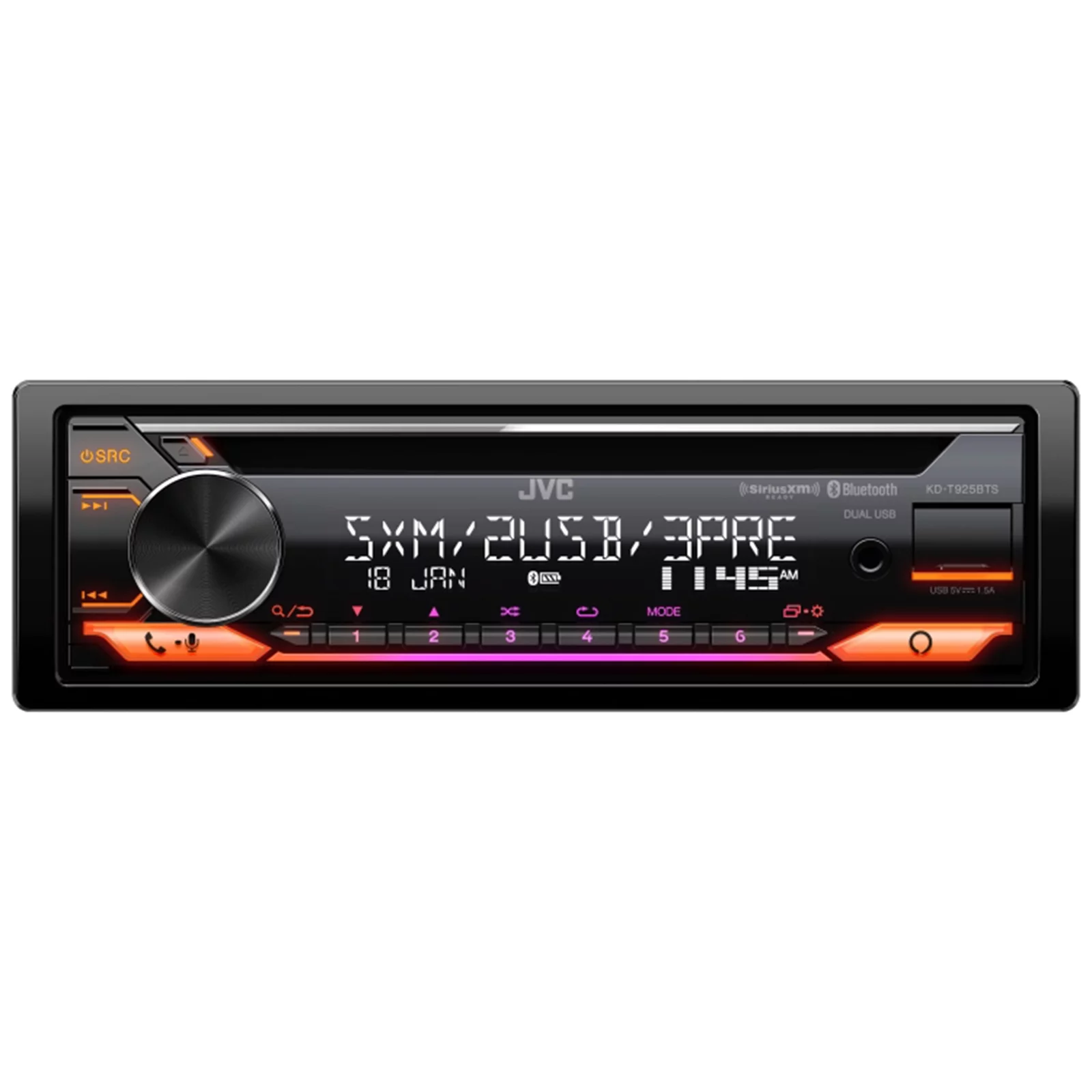 JVC KD-T925BTS Single DIN Bluetooth CD Player USB AUX AM/FM Radio Stereo SiriusXM Ready Amazon Alexa LED Illumination Car Audio Receiver Satellite Radio Tuner Bundle with SRA50 Marine/RV Antenna