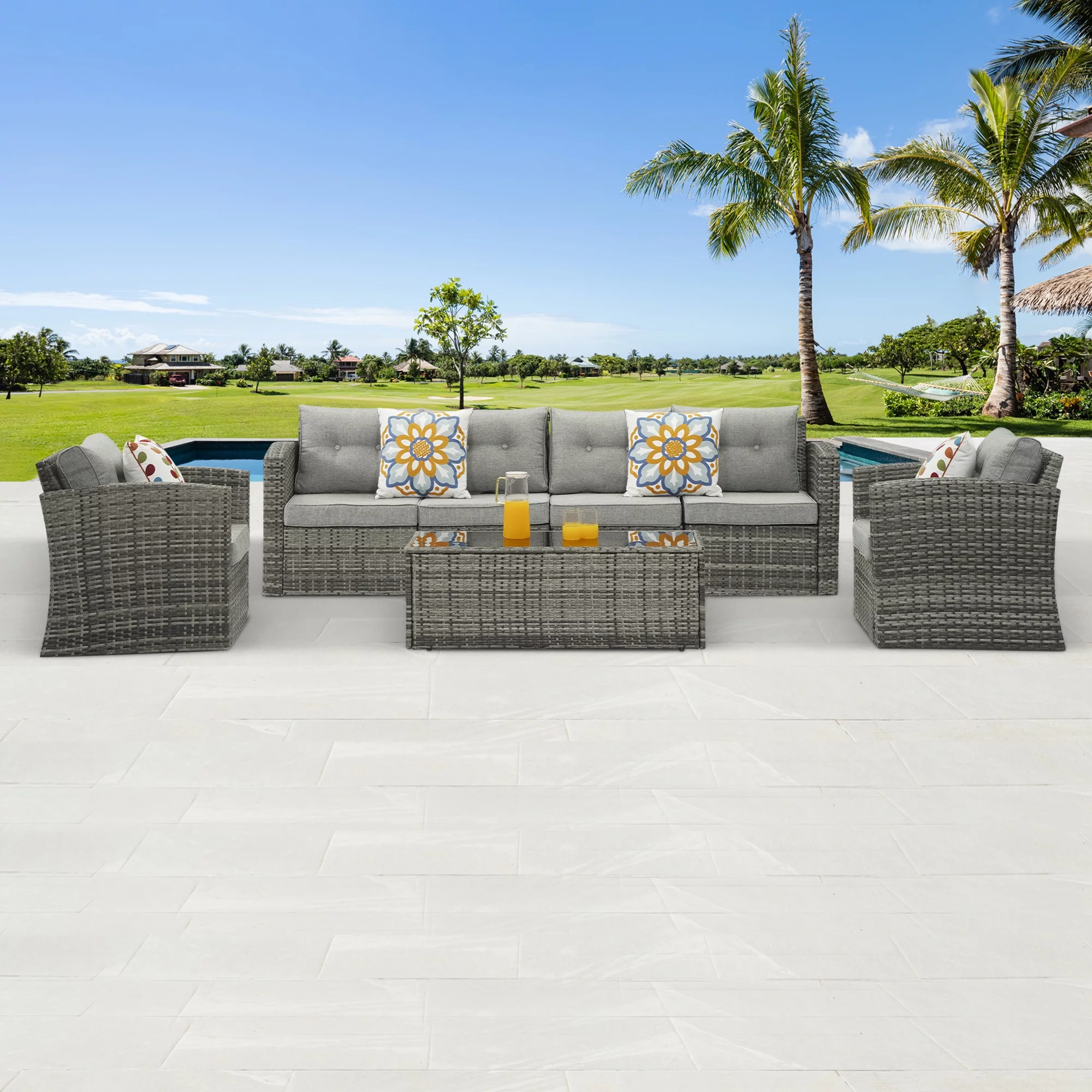 Royalcarft 7 Pieces Outdoor Patio Furniture Sets Wicker Sectional Sofa All-Weather PE Rattan Conversation Sets,Grey