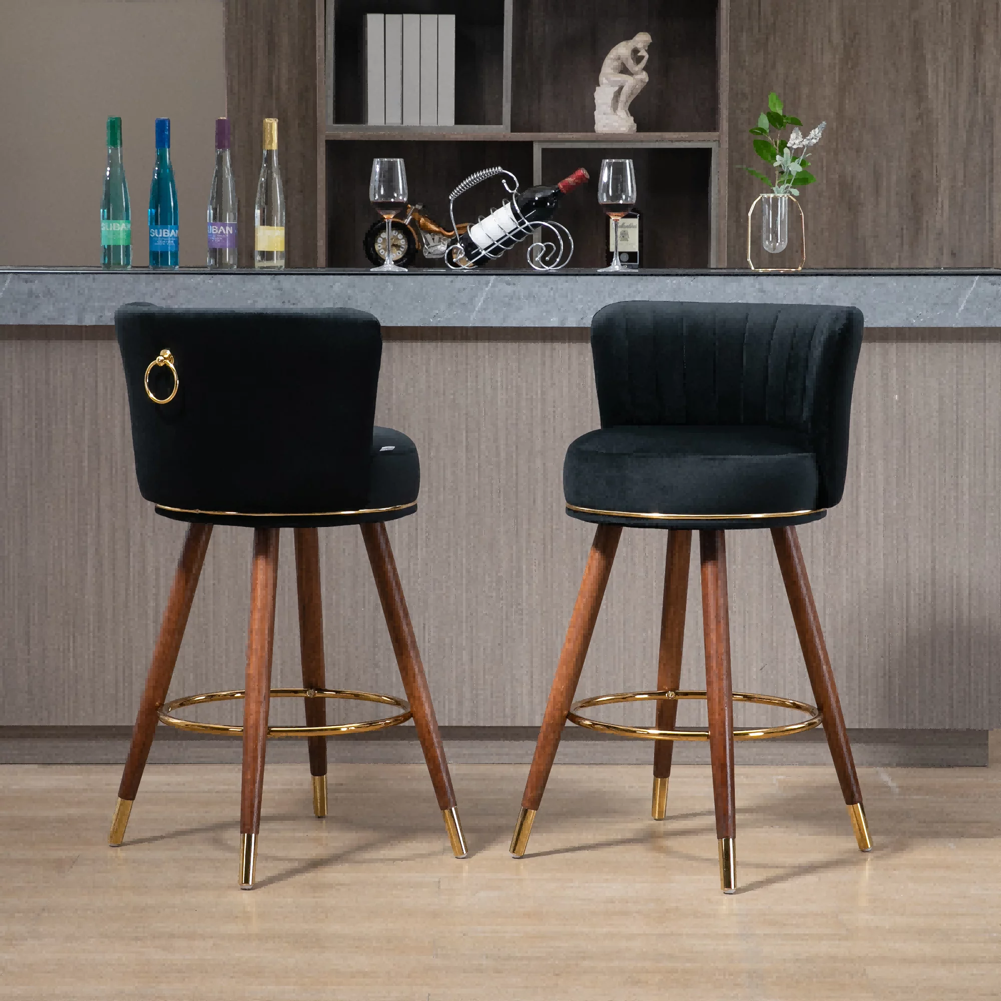 Upholstered Bar Stools, Upholstered Tufted Counter Height Bar Stool Chairs with Solid Wood Legs Kitchen Island Padded Barstools with Footrest High Dining Chairs(Black,Set of 2)
