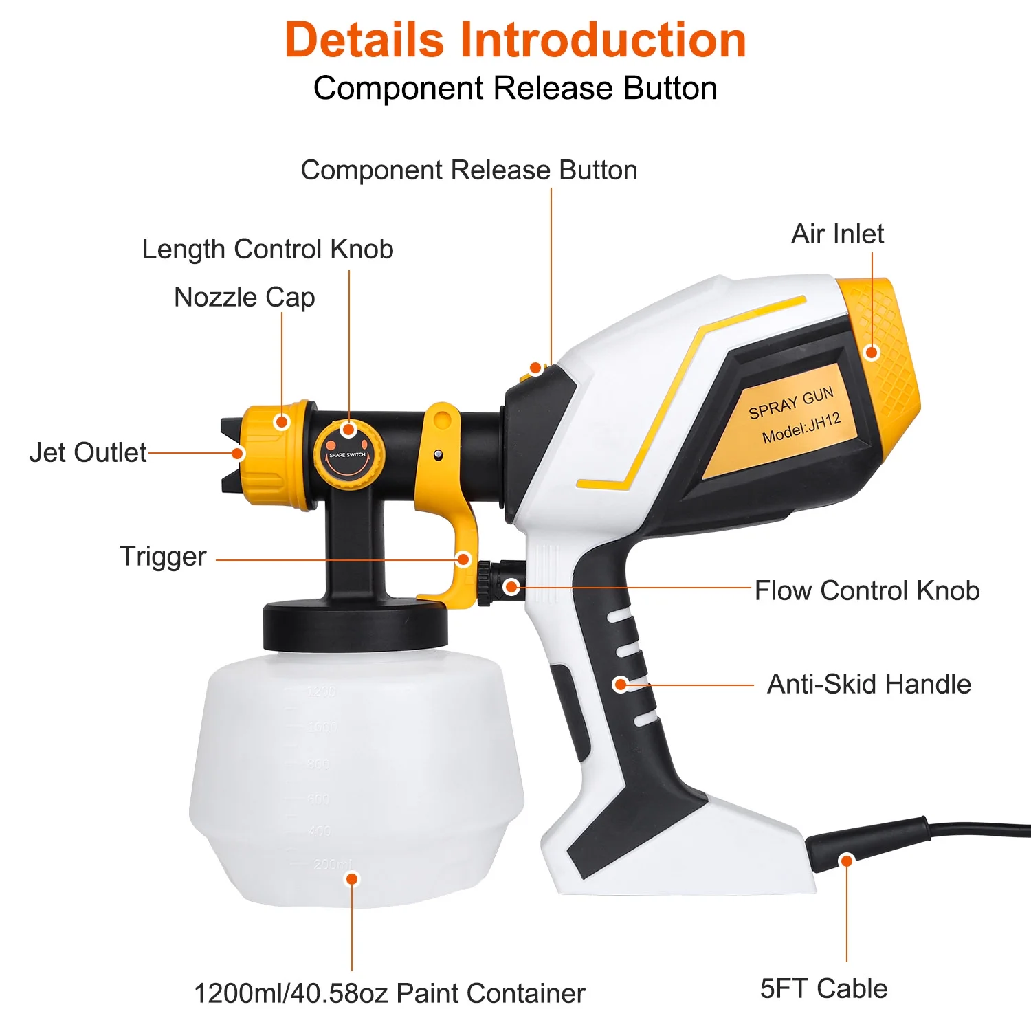 iMounTEK 550W Electric Paint Sprayer HVLP Spray Painting Gun Handheld Painter with Different Spray Patterns 1200ML Detachable Container Flow Length Width Adjustable
