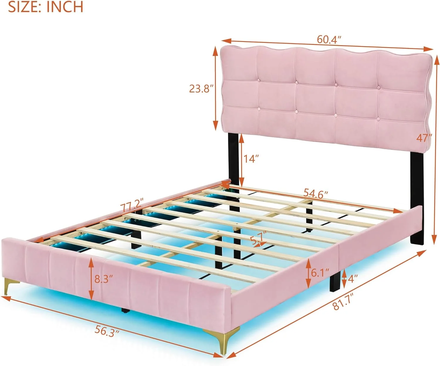 Full Size Velvet Upholstered Platform Bed with LED Frame and Stylish Mental Bed Legs with Cute Marshmallow Headboard No Box Spring Needed, No Noise, for Girls,Boys,Kids,Teens, Adults