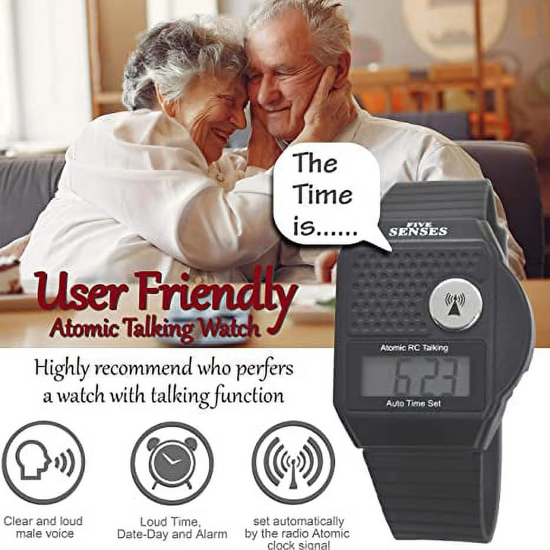 Five Senses English Atomic Talking Watch Easy to use for Seniors Blind Men Women Loud Talking Sound Clock for Visually Impaired - Model 1026 - Plastic Band