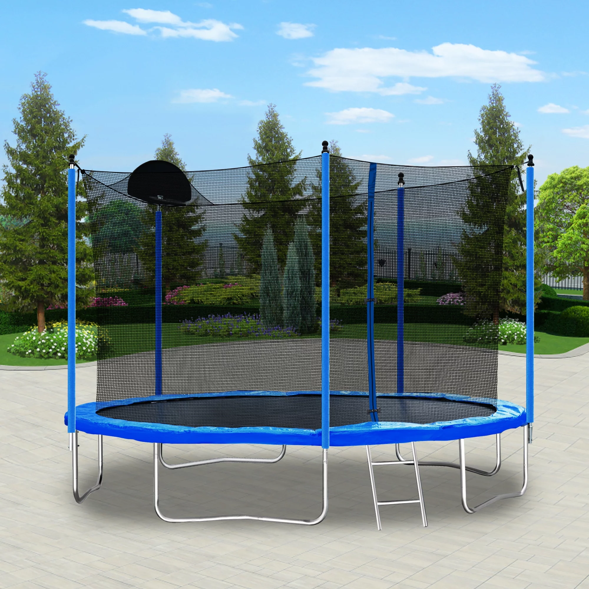 Highsound 12FT Outdoor Trampoline with Basketball Hoop, Ladder & Safety Enclosure Net, Fitness Recreational Jumping Trampoline for Kids and Adults, Blue