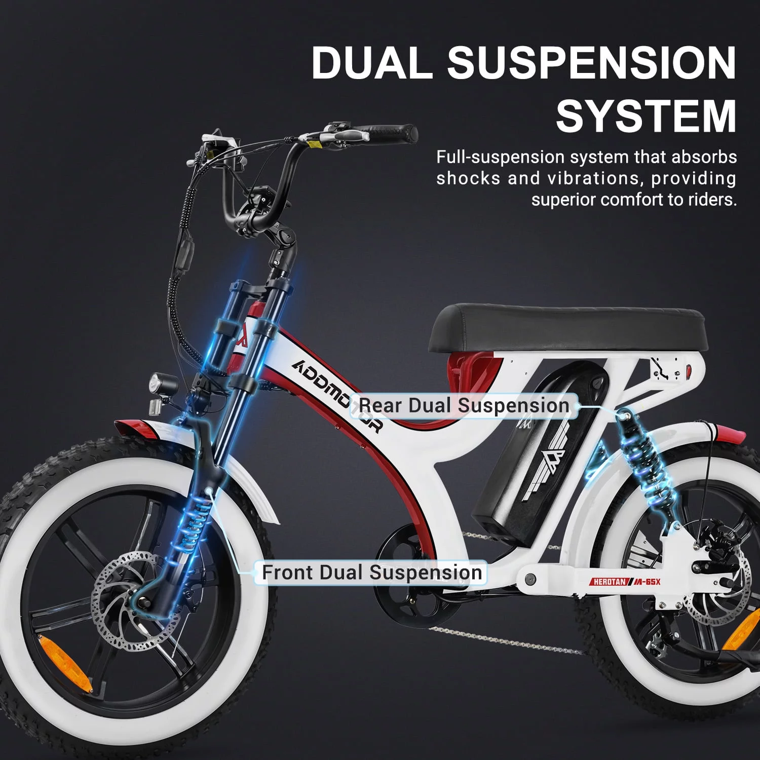 Addmotor Electric Bike for Adults, 20'' Fat Tire 750W Electric Bicycle with 48V 20Ah Removable Battery, 105 MI, Full Suspension, Step-Over City Mountain Ebike, M-65X Black&Yellow