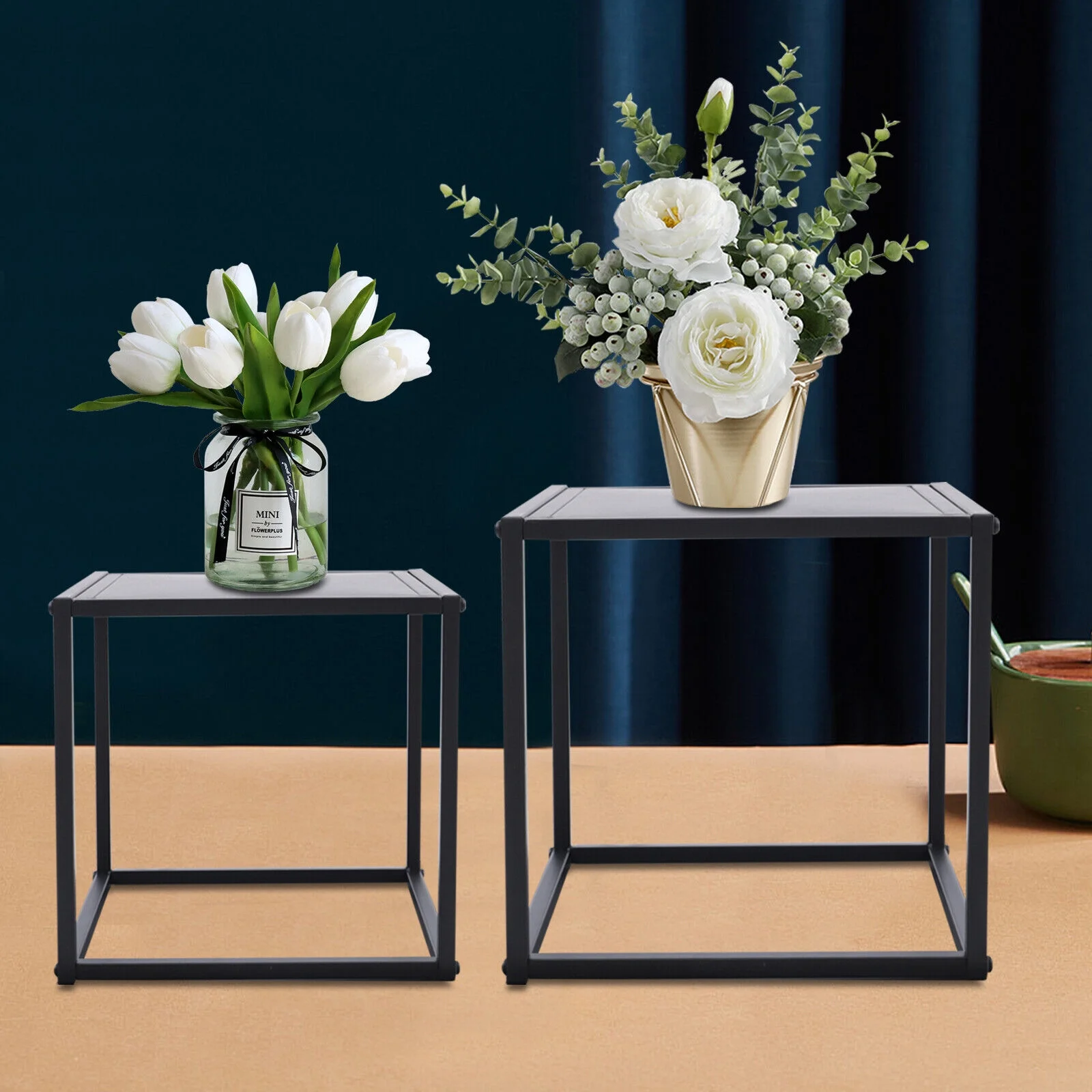 Miumaeov 2pcs Modern End Side Table Metal Coffee Table Square Tray Stand Bedroom Nightstand Black