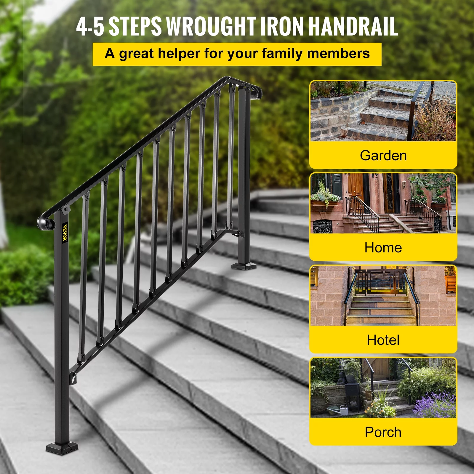 VEVOR Handrail Picket #4 Fits 4 or 5 steps Matte Black Stair Rail Wrought Iron Handrail with Installation Kit Hand Rails for Outdoor Steps