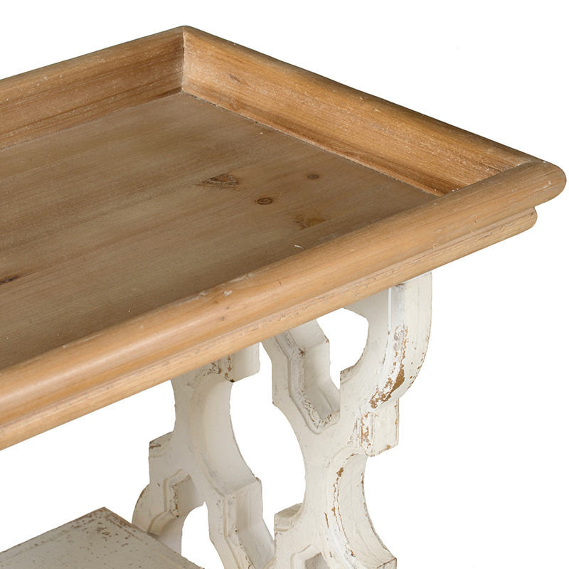 French Country Console Table with Distressed White and Natural Wood Shelf  35.5” x 14” x 32” Dimensions