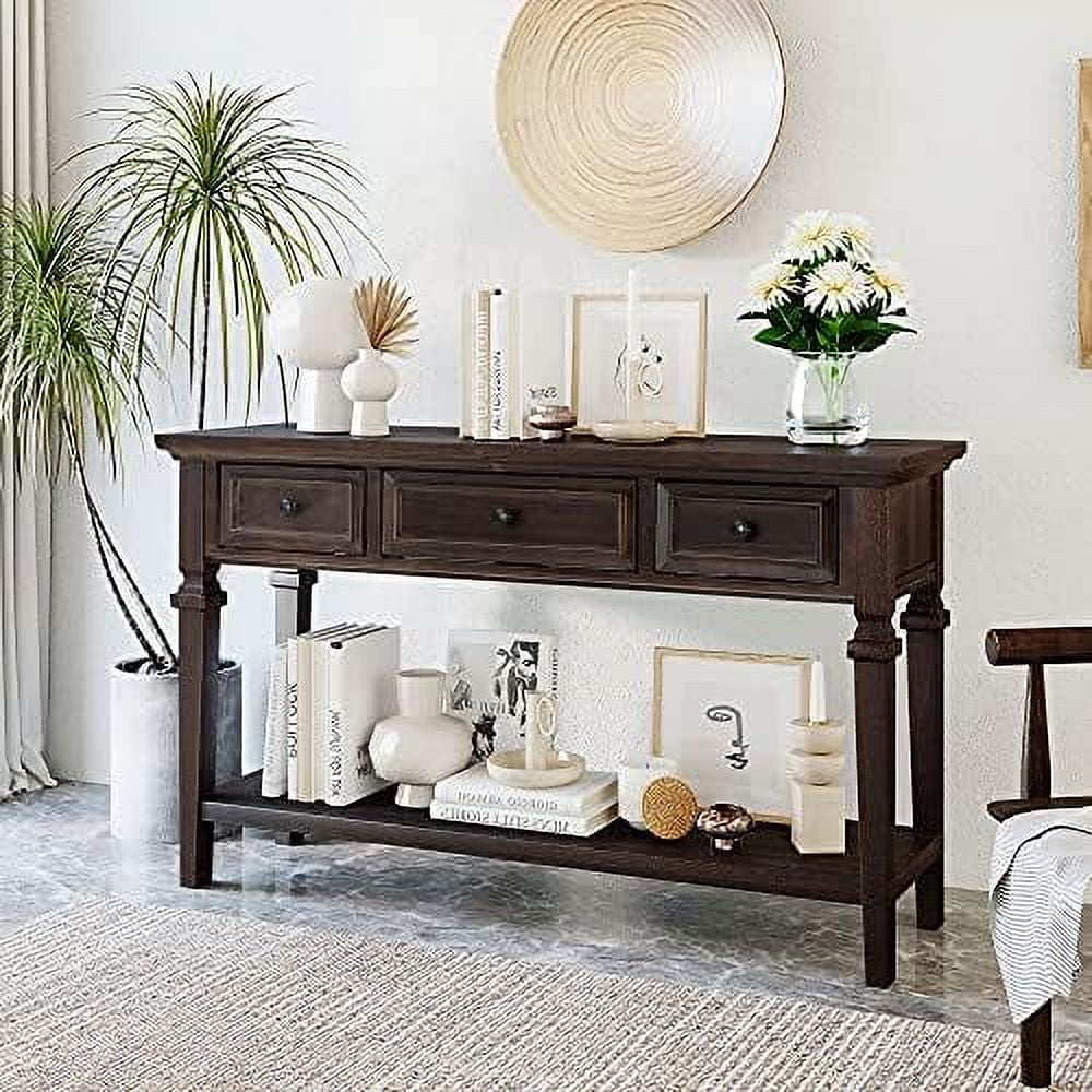 WTYNKAE Small Entryway Console Table with 3 Drawers and Bottom   Farmhouse Entryway Table Sofa Table with Pine Wood Frame and Legs for Living Room (White Antique)