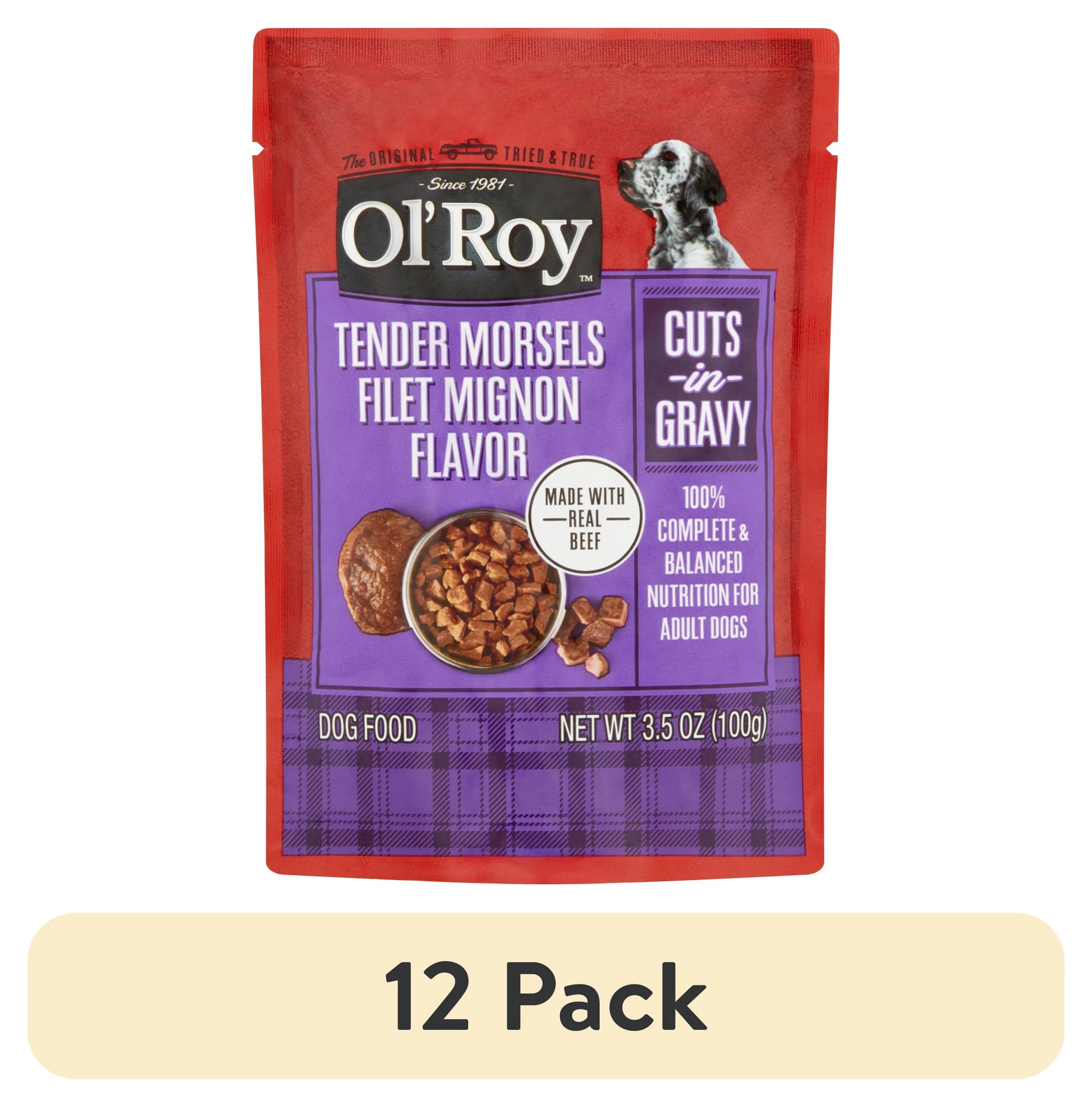 (12 pack) Ol' Roy Tender Morsels Filet Mignon Flavor Cuts in Gravy Wet Dog Food, 3.5 oz Pouch