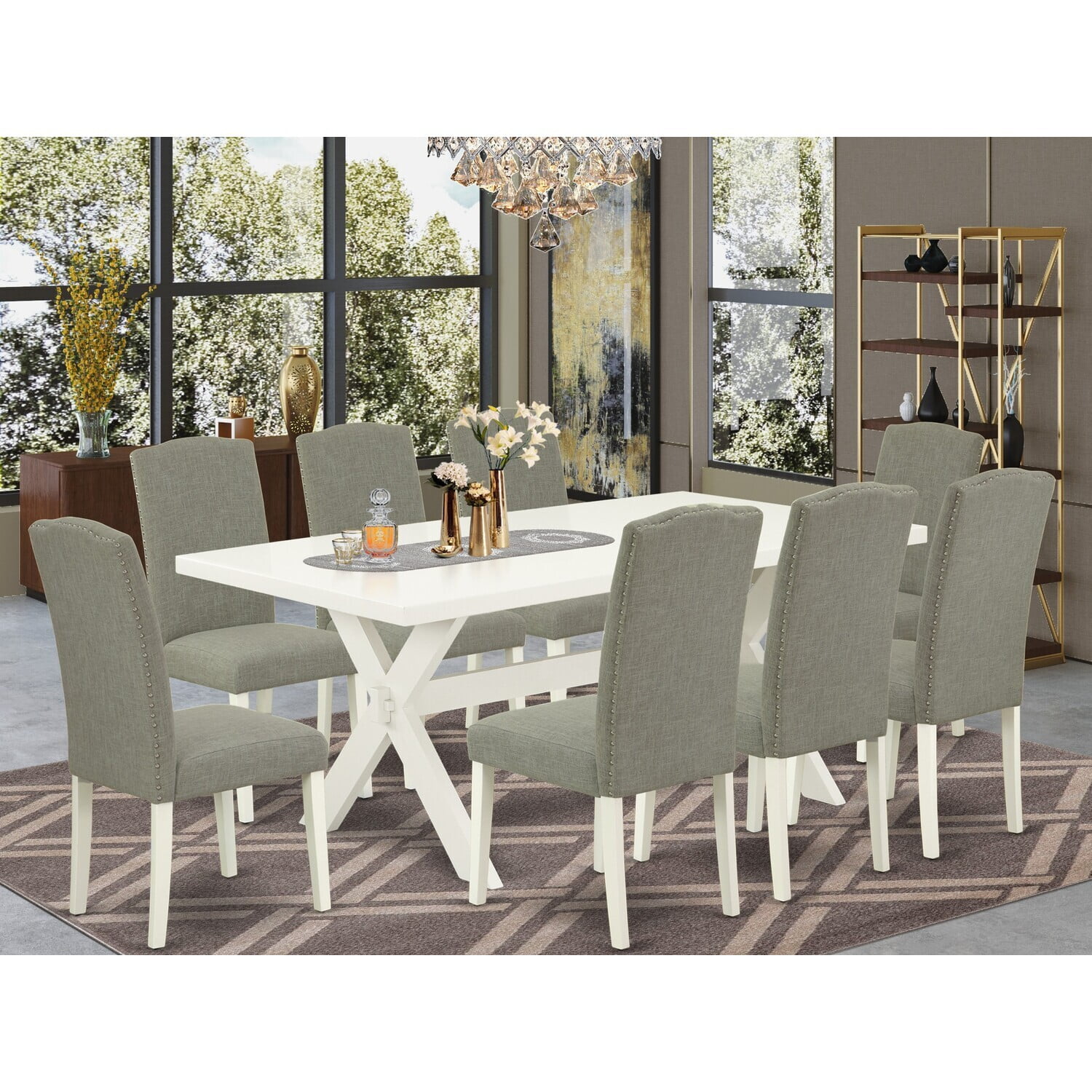HomeStock Medieval Majesty - 9-Piece Rectangular Dining Table Set - 8 Parson Chairs And A Rectangular Dining Table Solid Wood Structure
