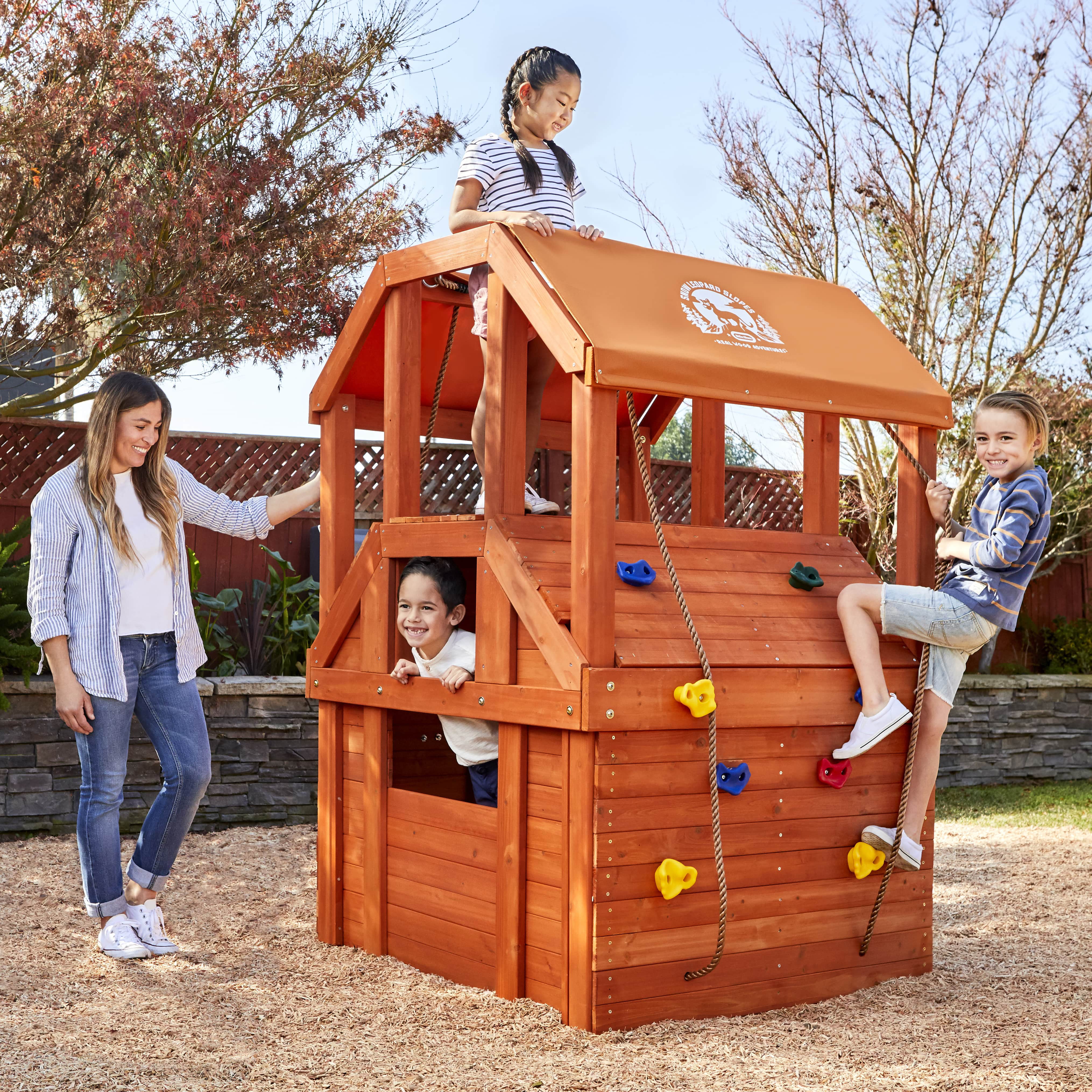 Little Tikes Real Wood Adventures Climb House Wooden Playhouse with Climbing Wall and Upper Deck, Fits Up to 5 Kids, Outdoor Backyard Playground Set- Boys and Girls Ages 3-10 Years