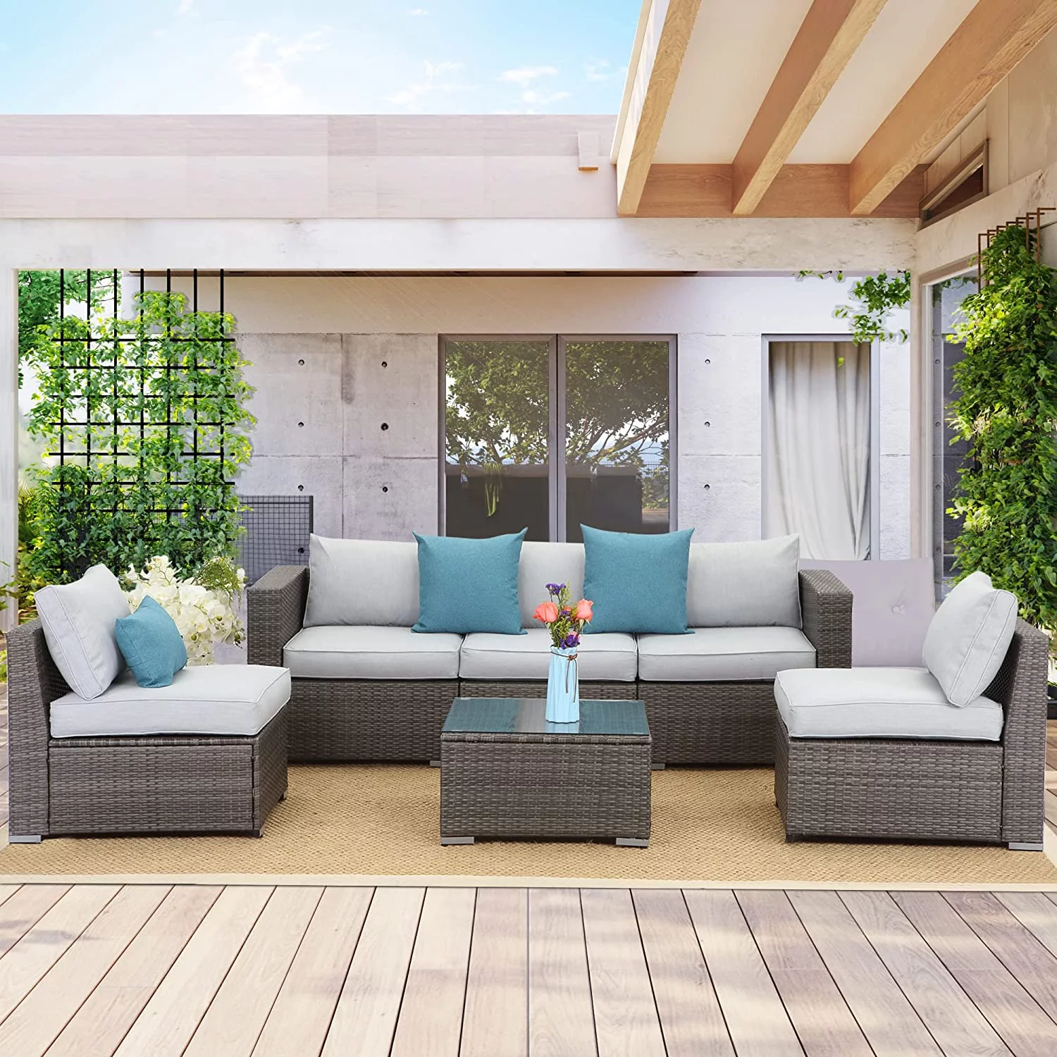 Superjoe 6 Pcs Patio Sectional Sofa Outdoor Wicker Steel Frame Conversation Furniture for Garden Backyard Deck(Gray Cushion)