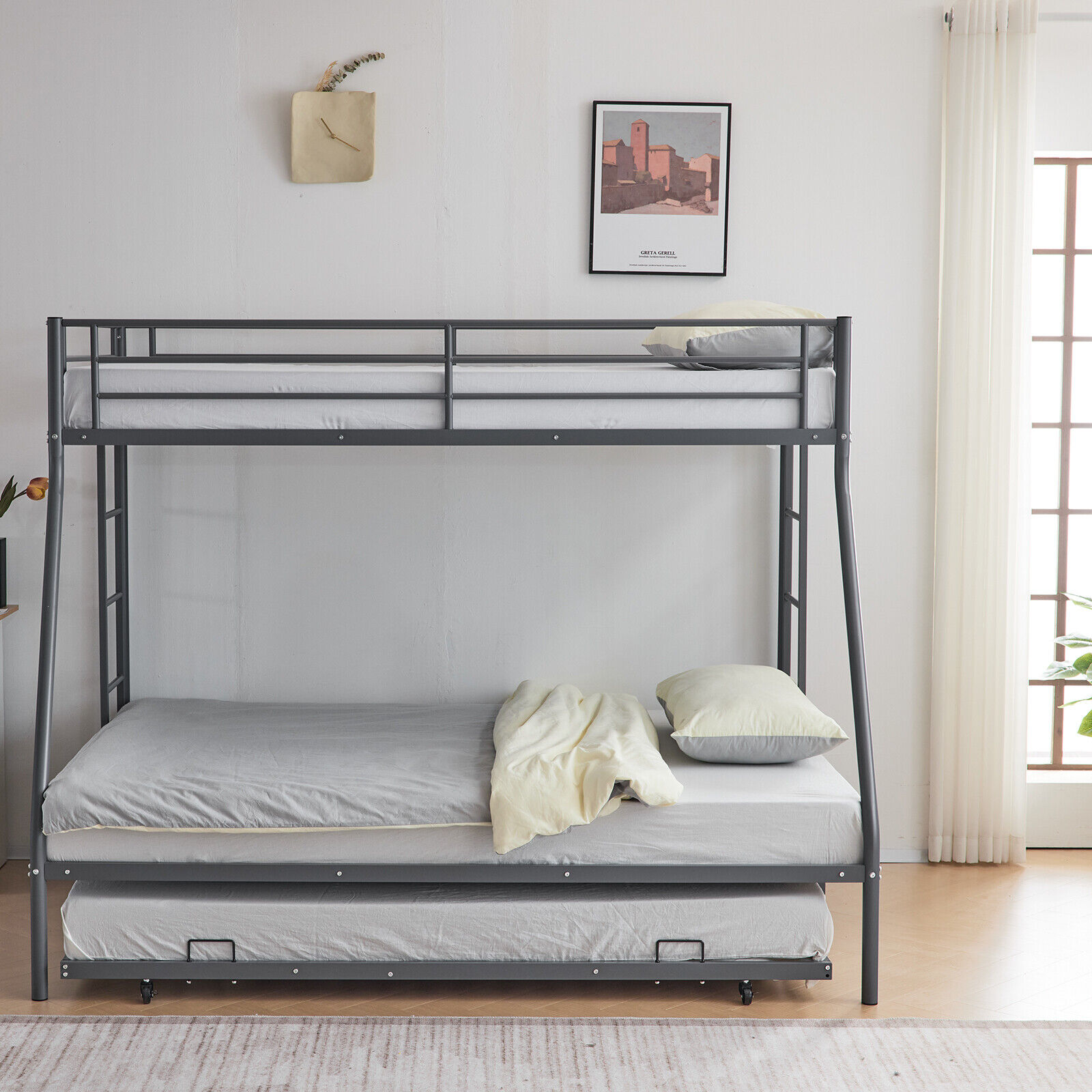 Metal Twin Over Twin Bunk Beds With Trundle Ladder Kids Bedroom Furniture Heavy