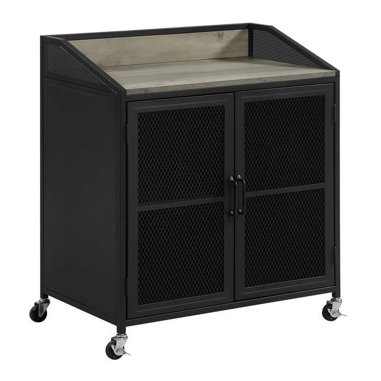 34 in. Wood Grain Bar Cabinet on Wheels with Wire Mesh Doors, Black & Brown