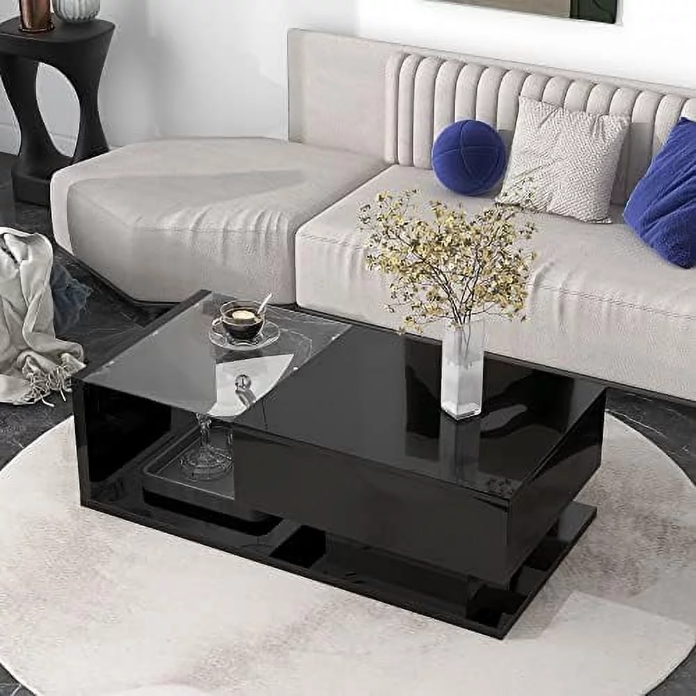 GEROBOOM Modern 2-Tier Coffee Table with Silver Metal Legs  Rectangle Cocktail Table with High-Gloss UV Surface  Minimalist Design Center Table for Living Room  Black