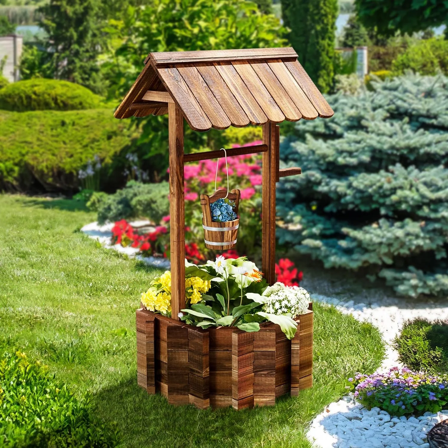 Wooden Wishing Well Planter with Hanging Bucket for Flower and Plants, Planter Indoor and Outdoor, Home Decor for Patio Garden, Brown