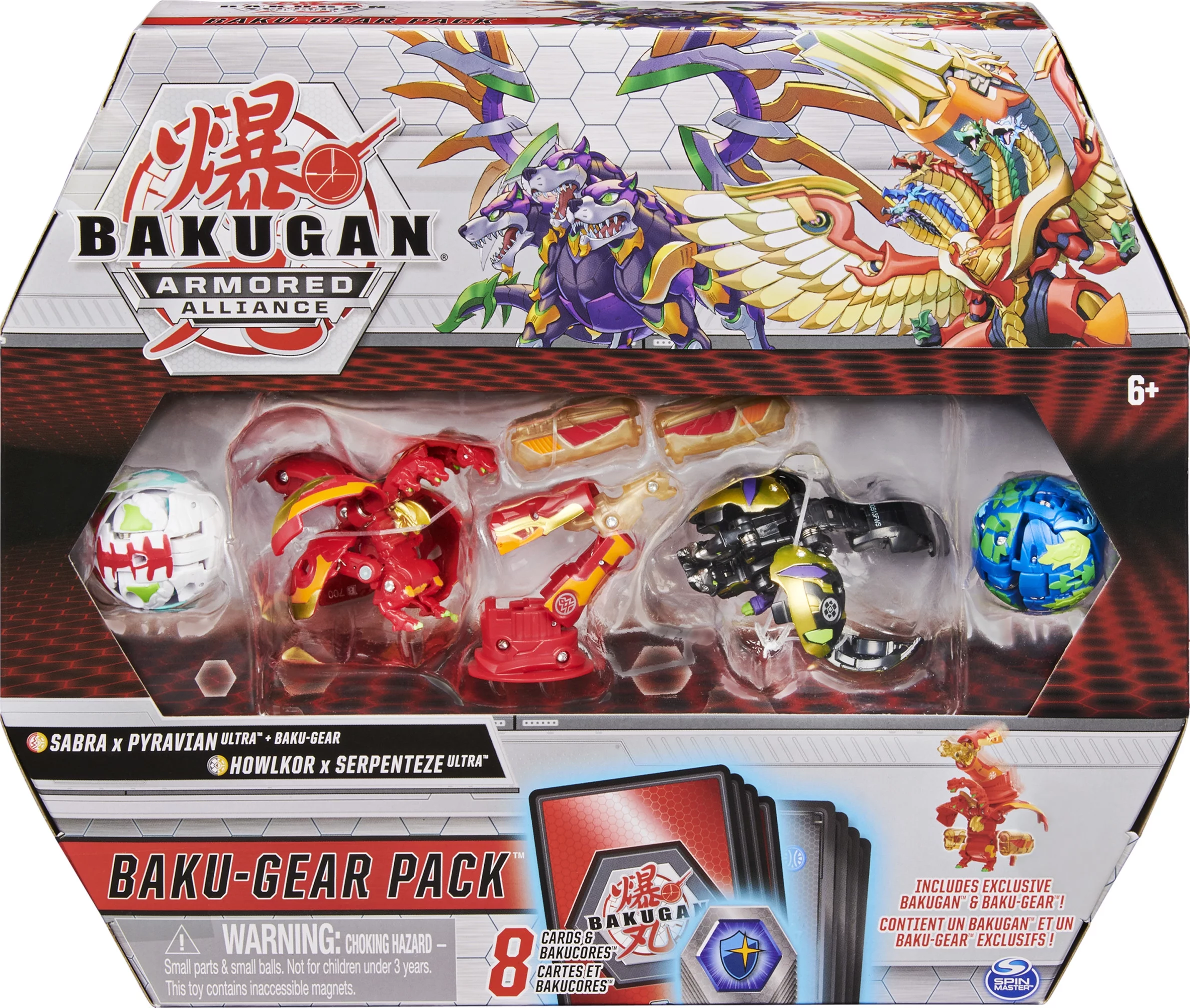 Bakugan Baku-Gear 4-Pack, Fused Sabra x Pyravian Ultra with Baku-Gear and Howlkor x Serpenteze Ultra Collectible Action Figures