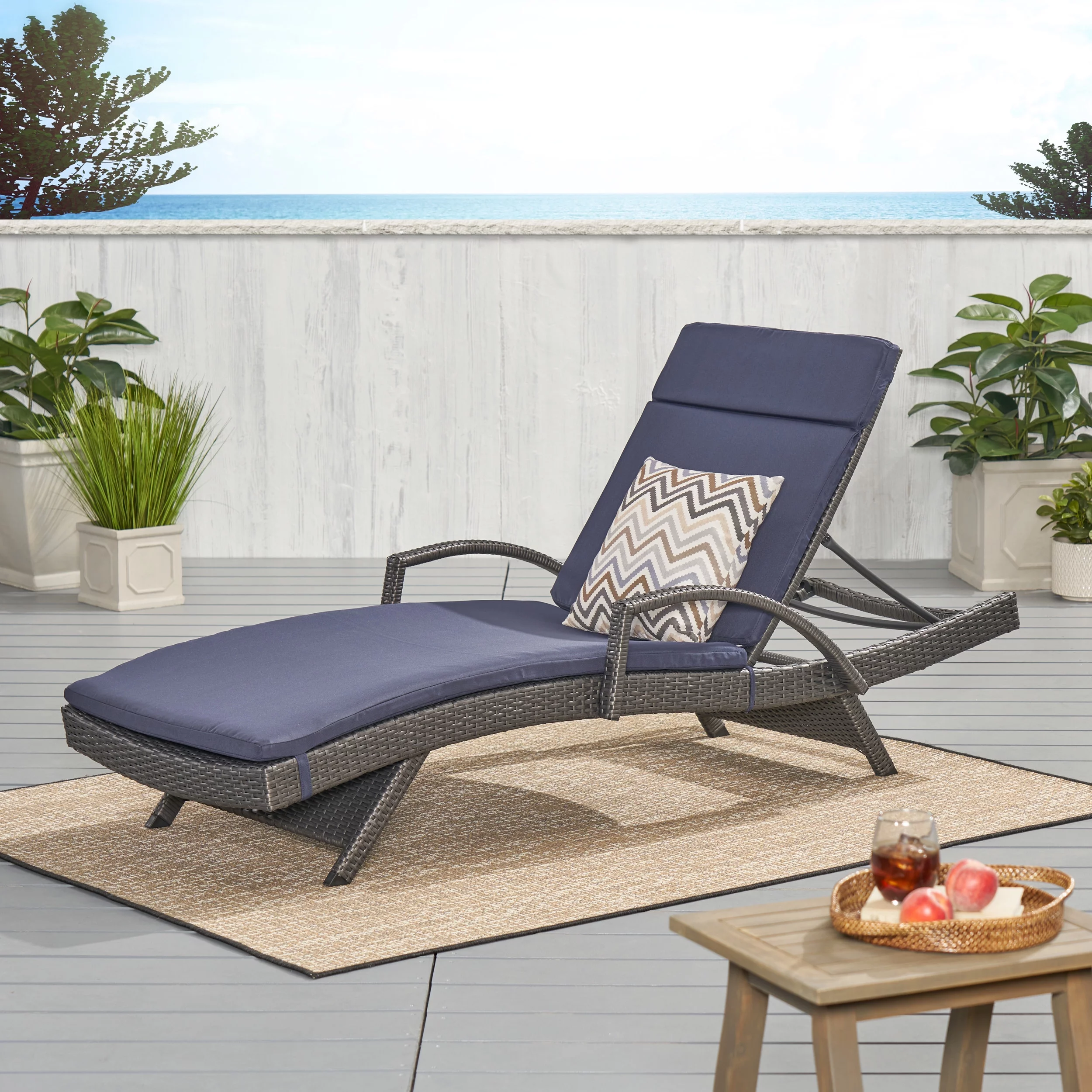 Anthony Outdoor Wicker Adjustable Chaise Lounge with Arms and Cushion, Grey, Navy