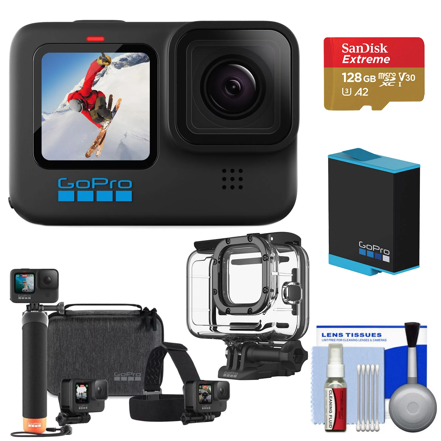 GoPro HERO10 Black, Waterproof Action Camera Bundle with Protective Housing, Adventure Kit, 128GB microSD Card, Extra Battery, Cleaning Kit